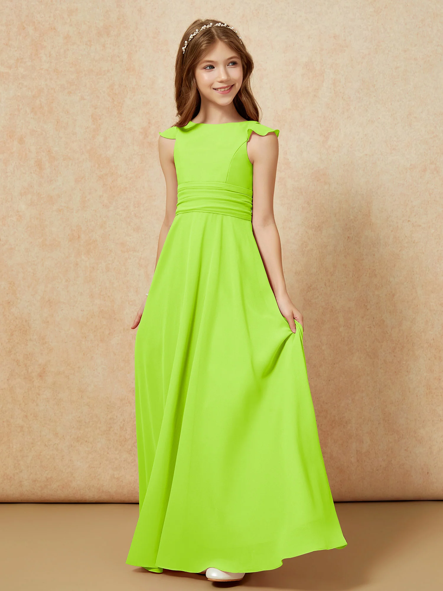 Jewel Neck Flutter Sleeves Chiffon Junior Bridesmaid Dresses Lime Green - Image 3