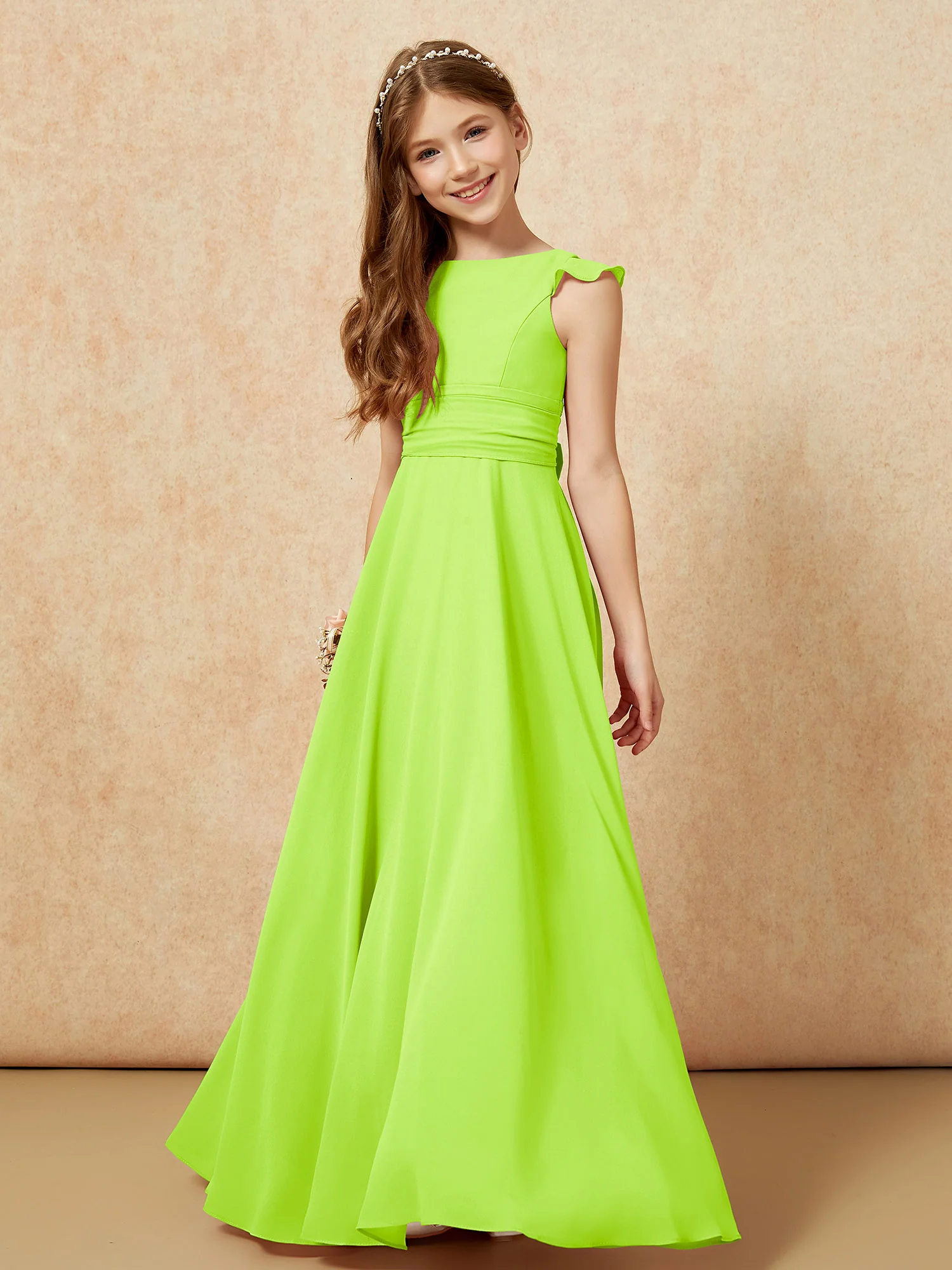 Jewel Neck Flutter Sleeves Chiffon Junior Bridesmaid Dresses Lime Green - Image 4