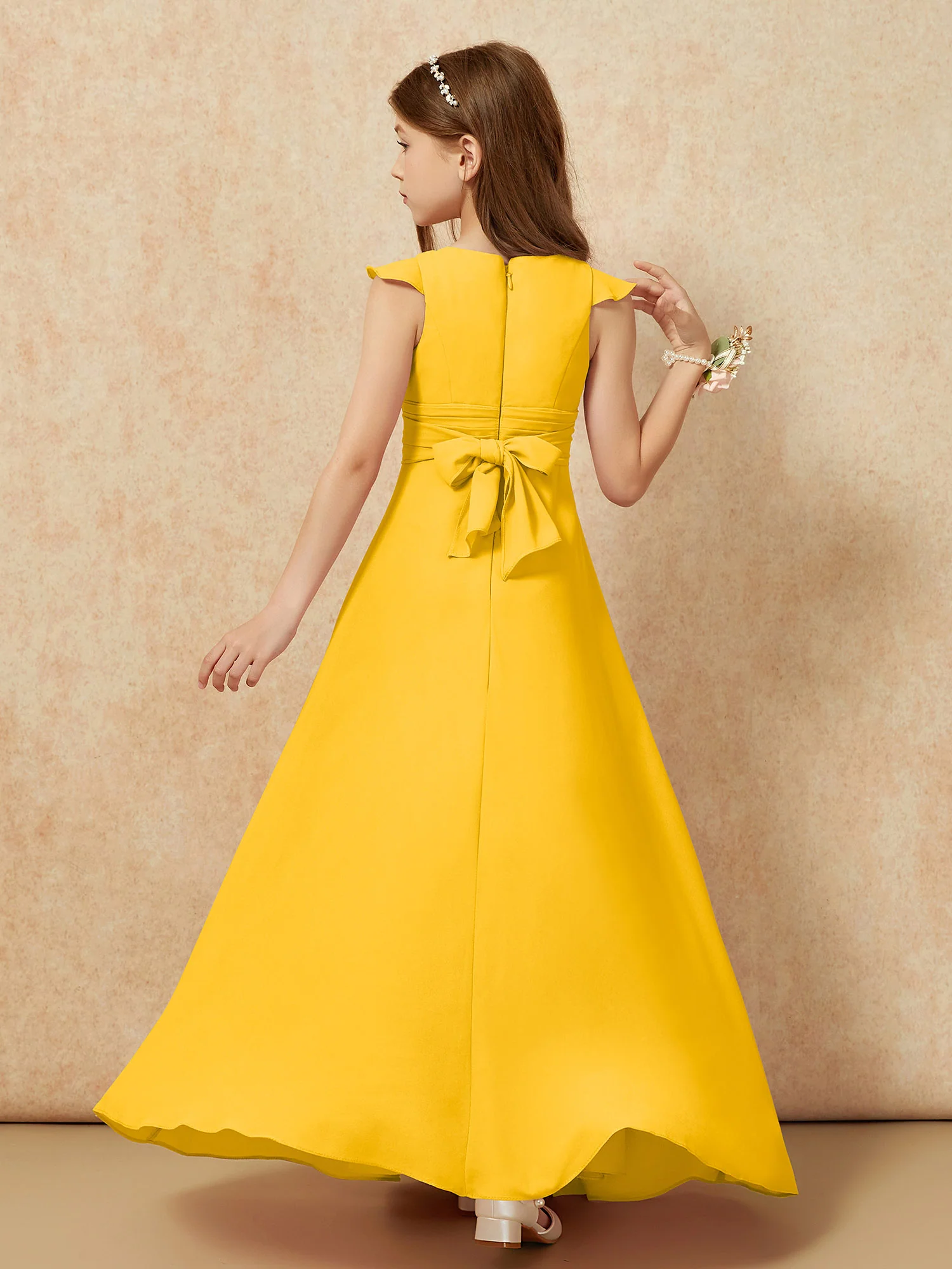 Jewel Neck Flutter Sleeves Chiffon Junior Bridesmaid Dresses Marigold - Image 2