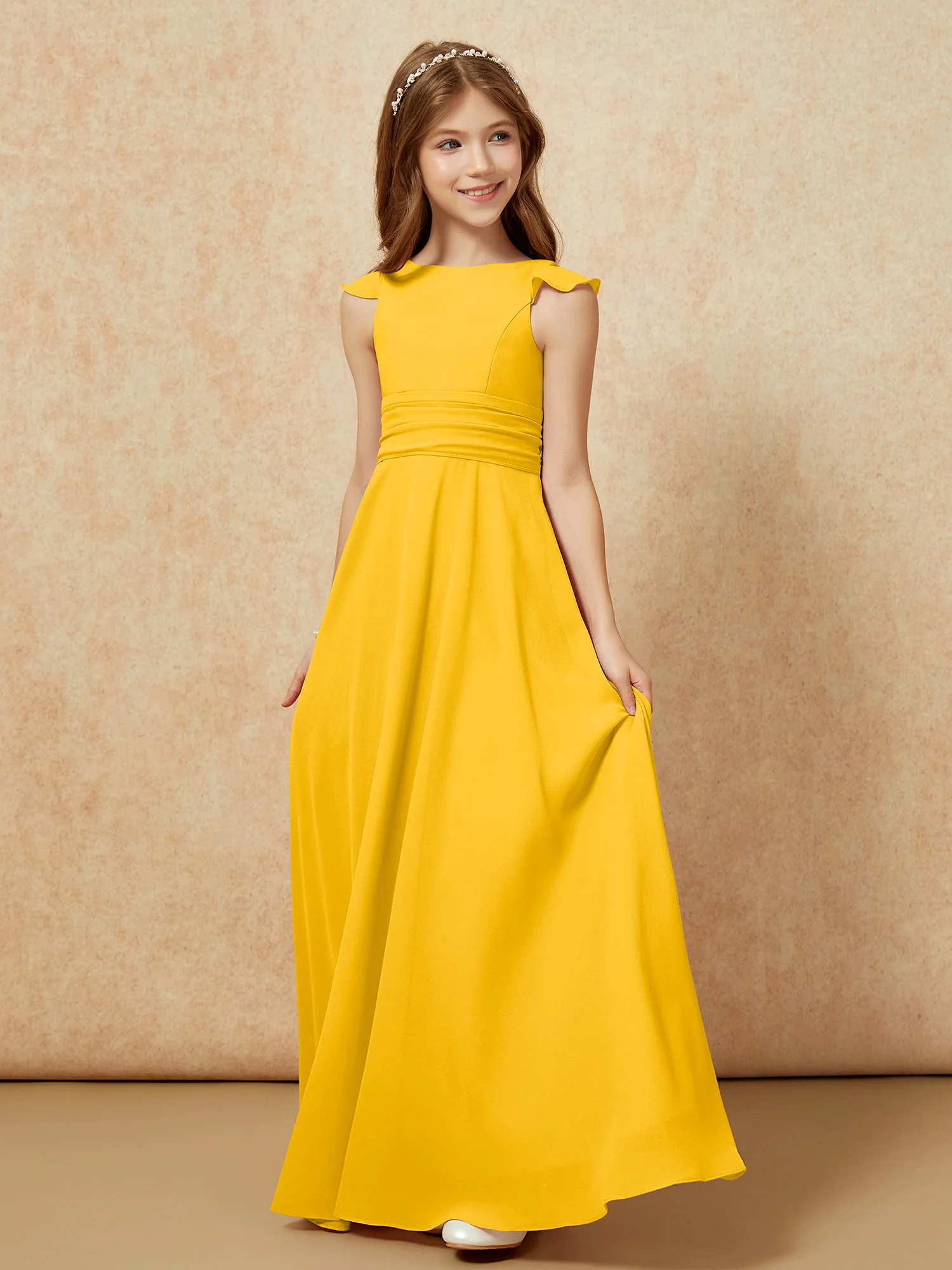 Jewel Neck Flutter Sleeves Chiffon Junior Bridesmaid Dresses Marigold - Image 3