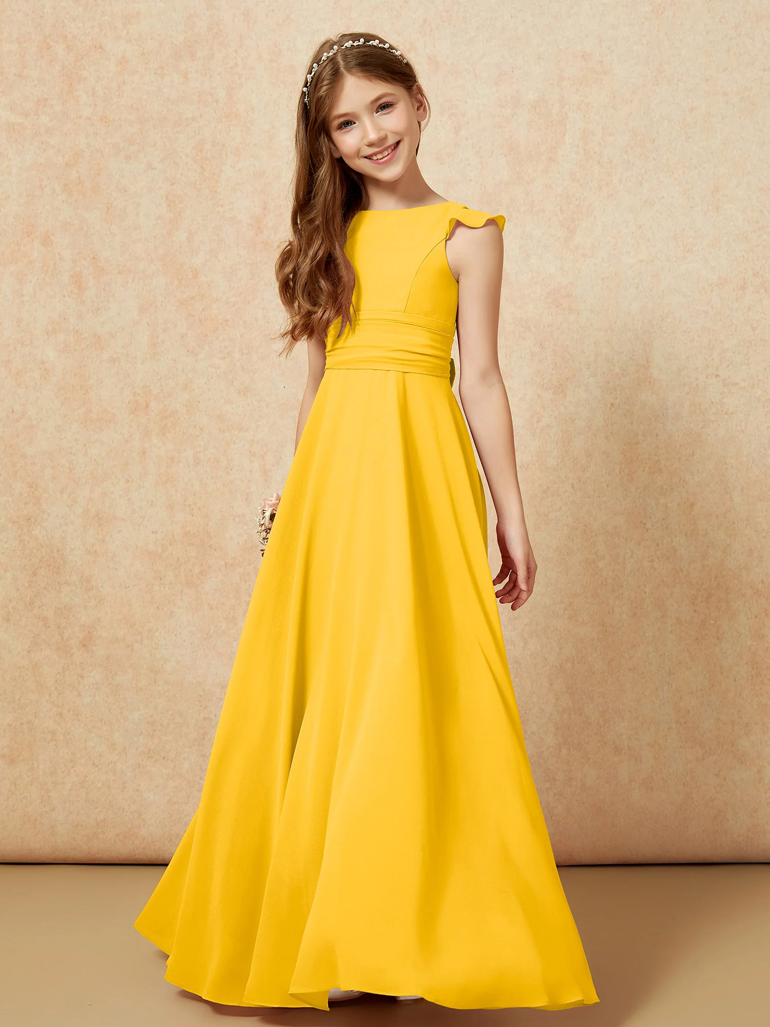 Jewel Neck Flutter Sleeves Chiffon Junior Bridesmaid Dresses Marigold - Image 4