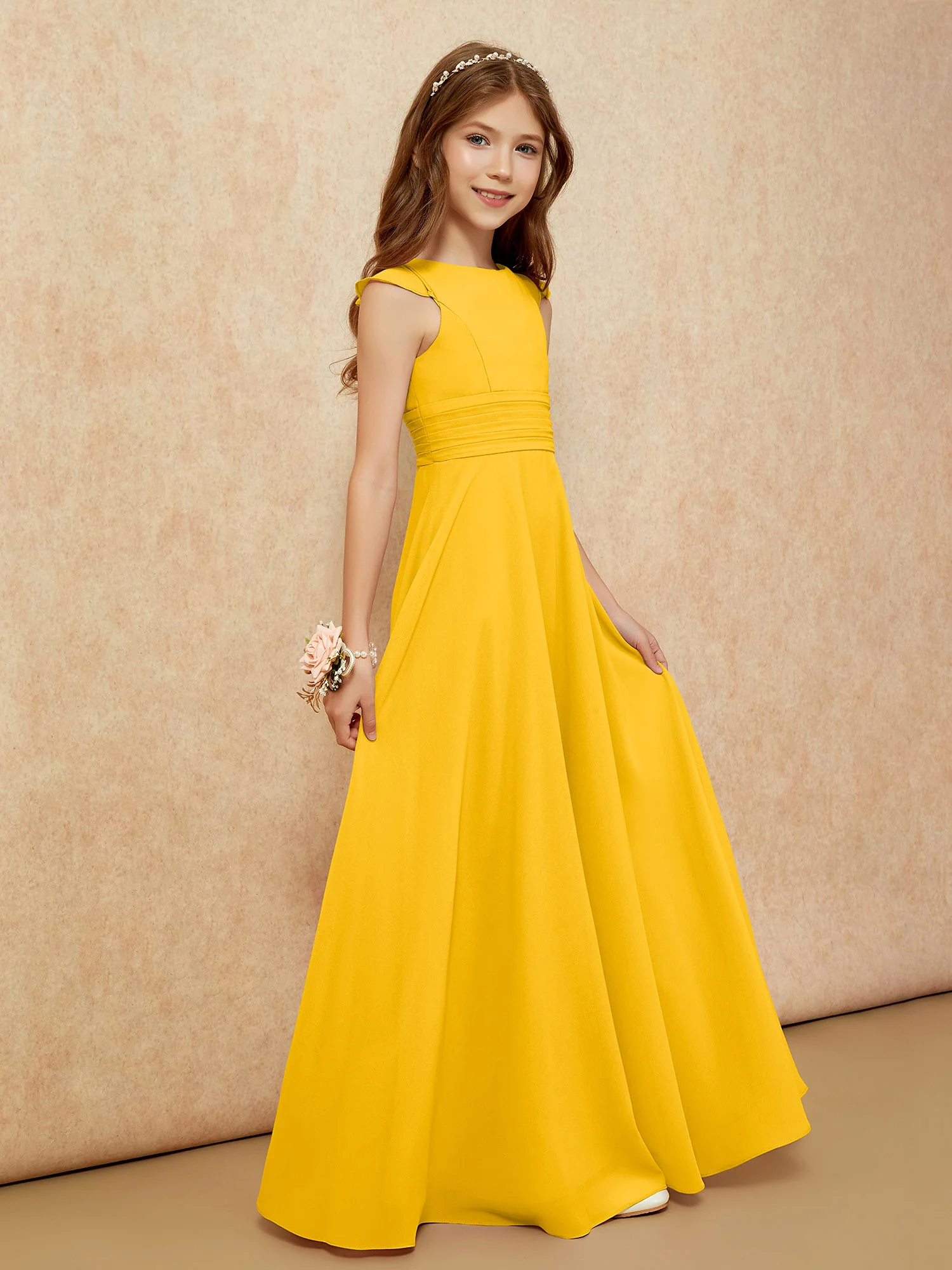 Jewel Neck Flutter Sleeves Chiffon Junior Bridesmaid Dresses Marigold - Image 5