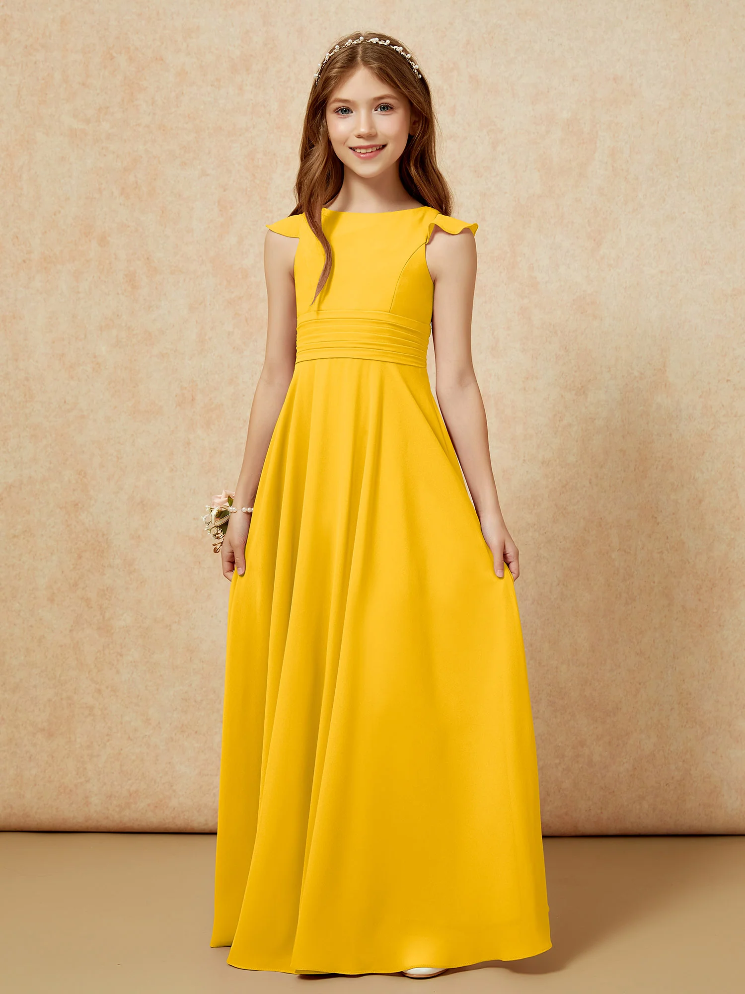 Jewel Neck Flutter Sleeves Chiffon Junior Bridesmaid Dresses Marigold - Image 6