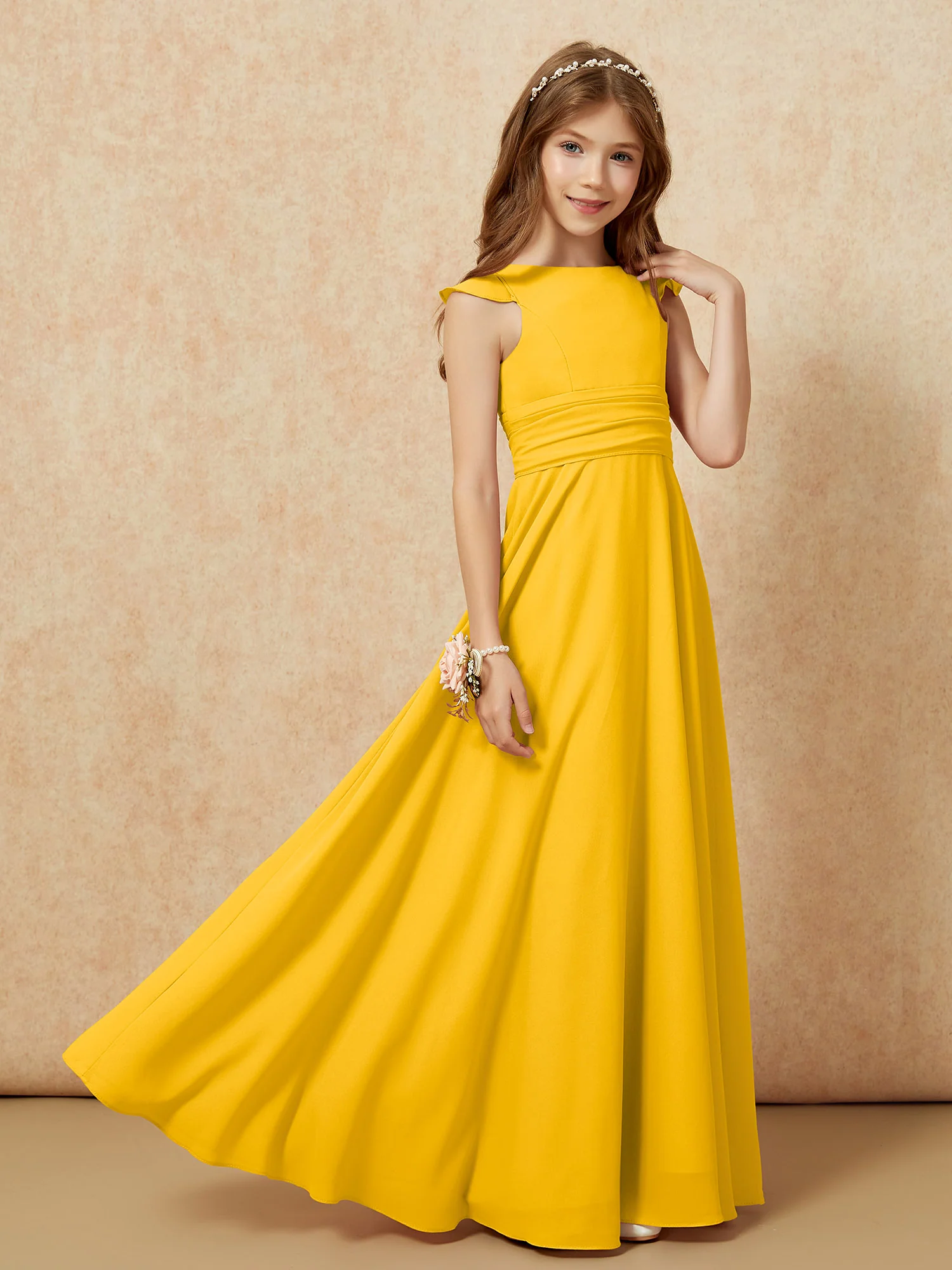 Jewel Neck Flutter Sleeves Chiffon Junior Bridesmaid Dresses Marigold - Image 7