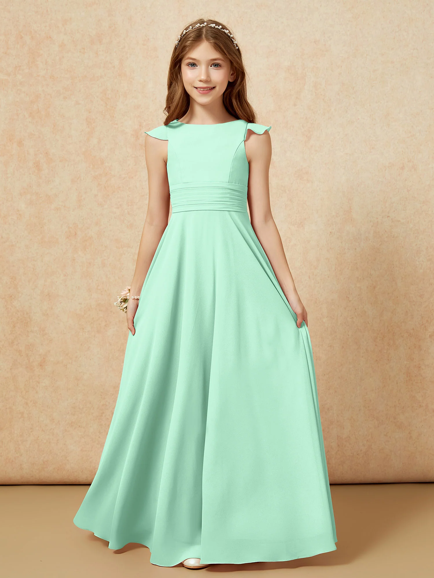 Jewel Neck Flutter Sleeves Chiffon Junior Bridesmaid Dresses Mint Green