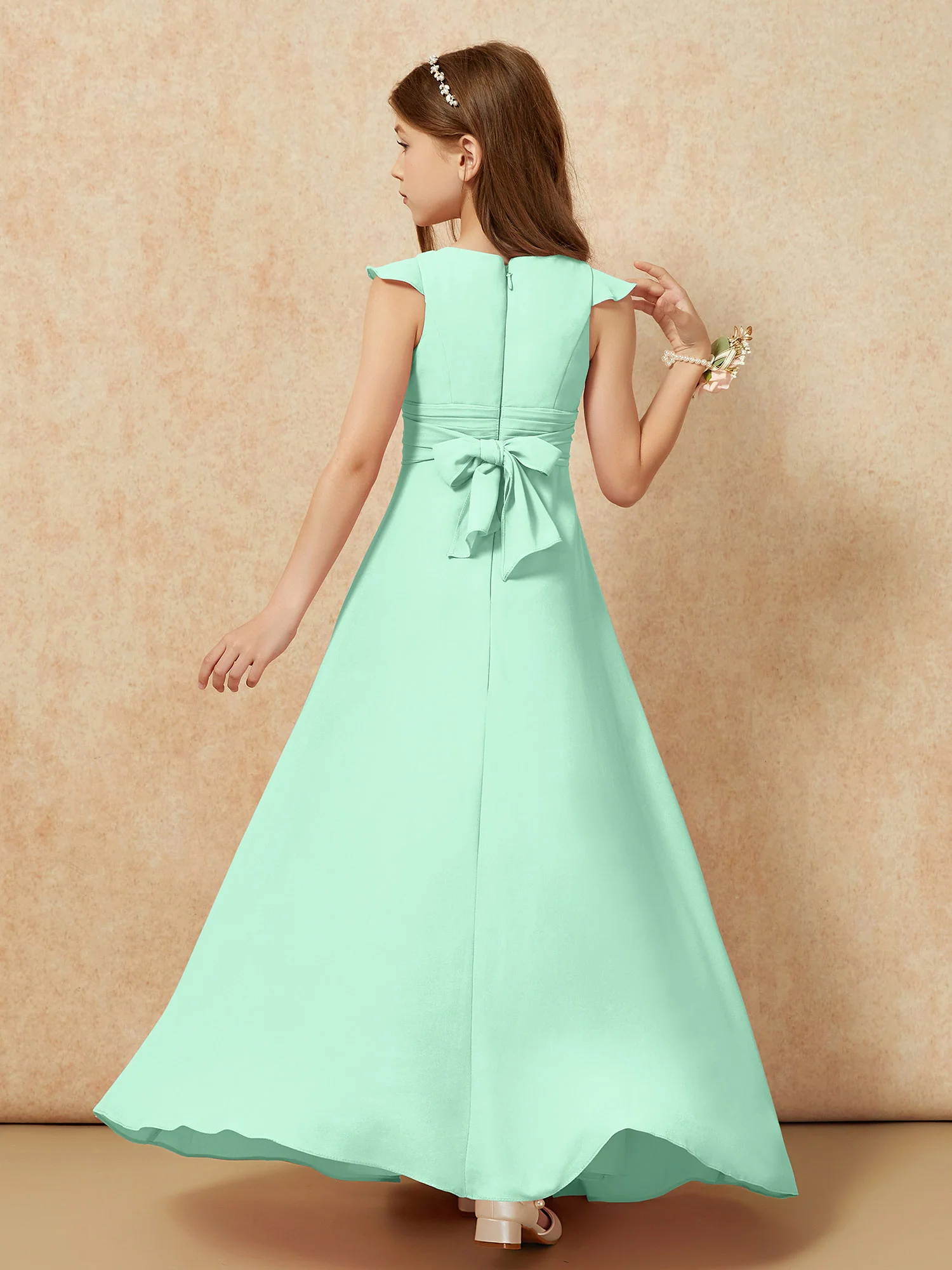 Jewel Neck Flutter Sleeves Chiffon Junior Bridesmaid Dresses Mint Green - Image 2
