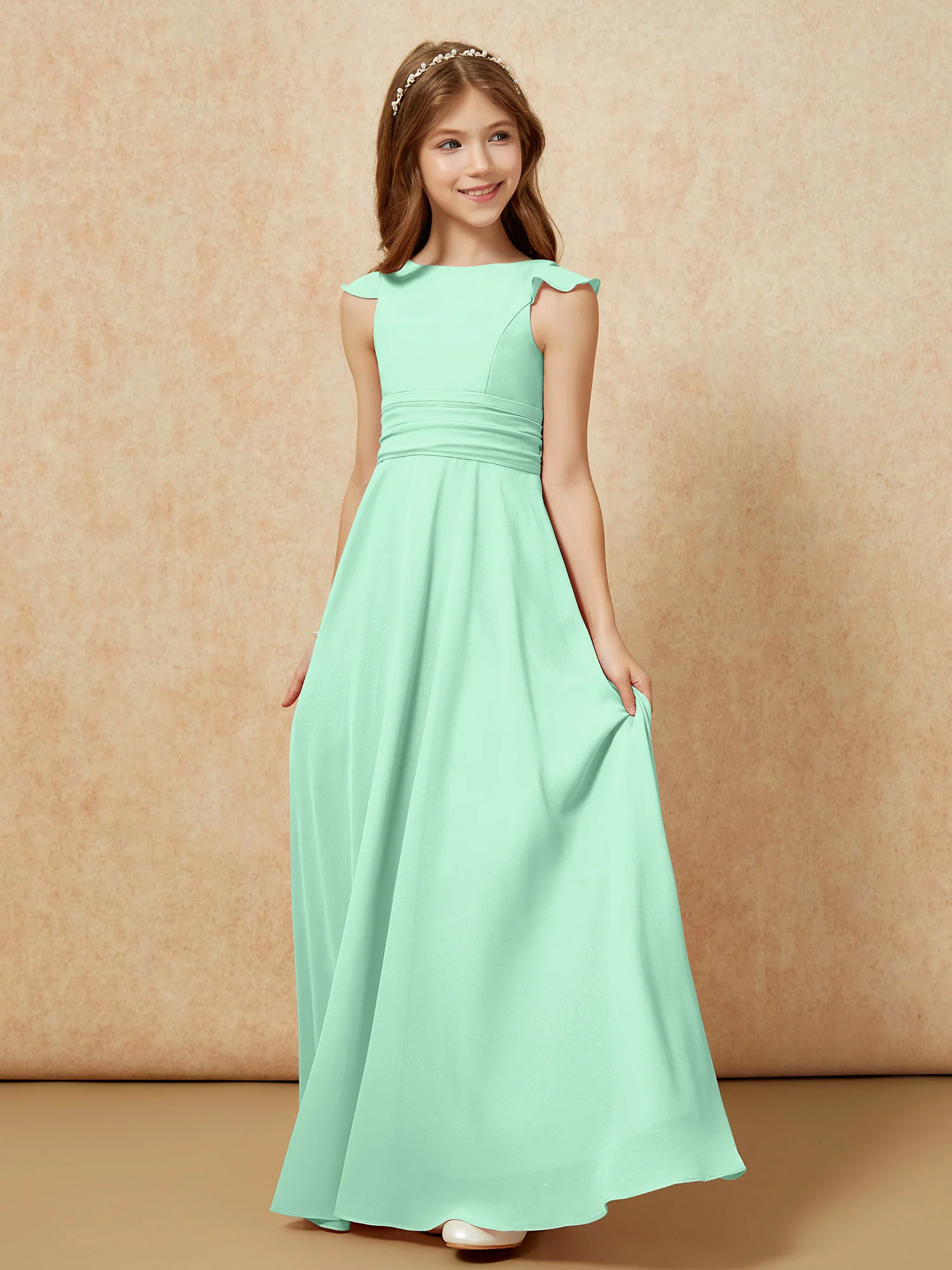Jewel Neck Flutter Sleeves Chiffon Junior Bridesmaid Dresses Mint Green - Image 3