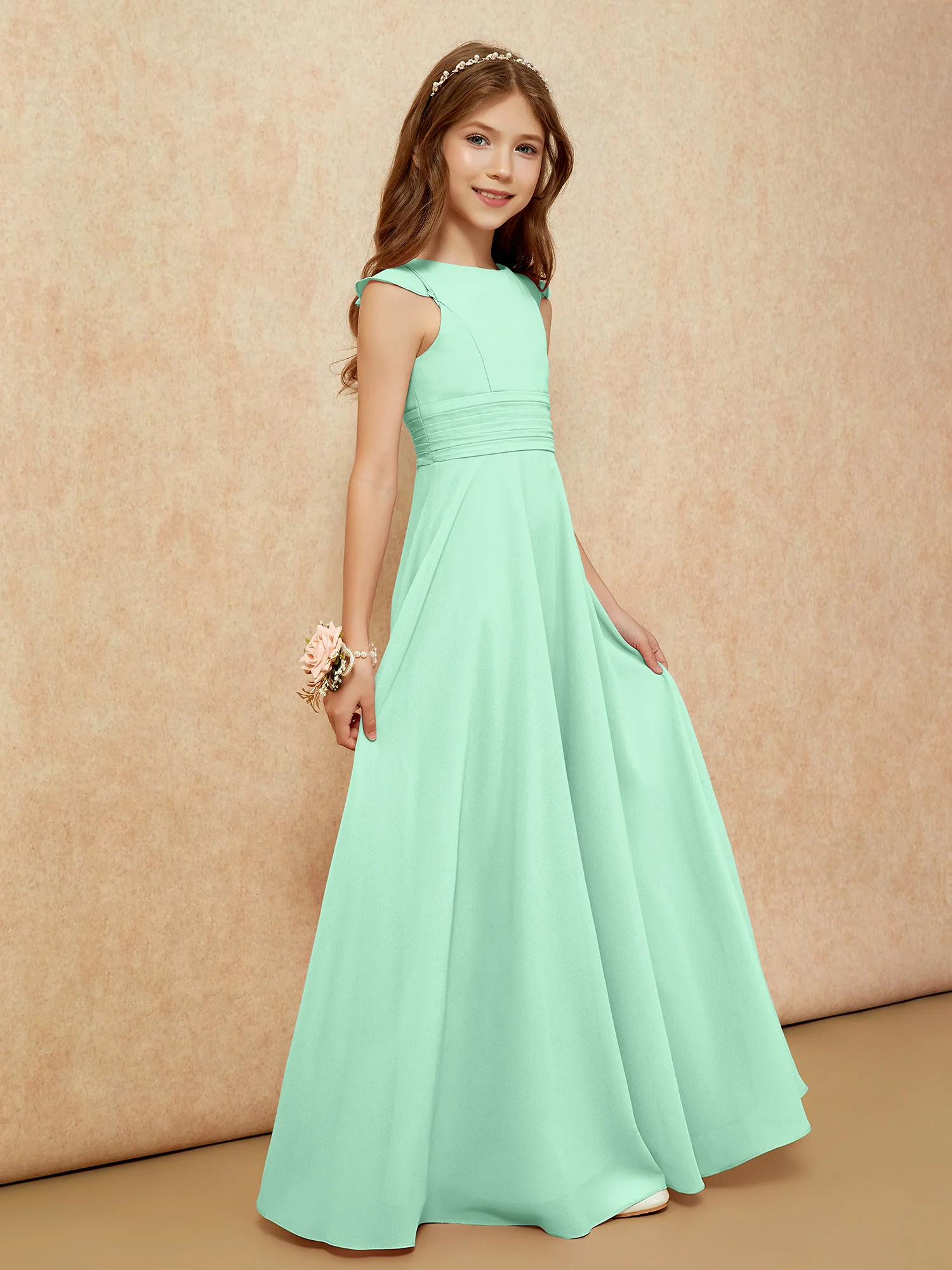 Jewel Neck Flutter Sleeves Chiffon Junior Bridesmaid Dresses Mint Green - Image 5