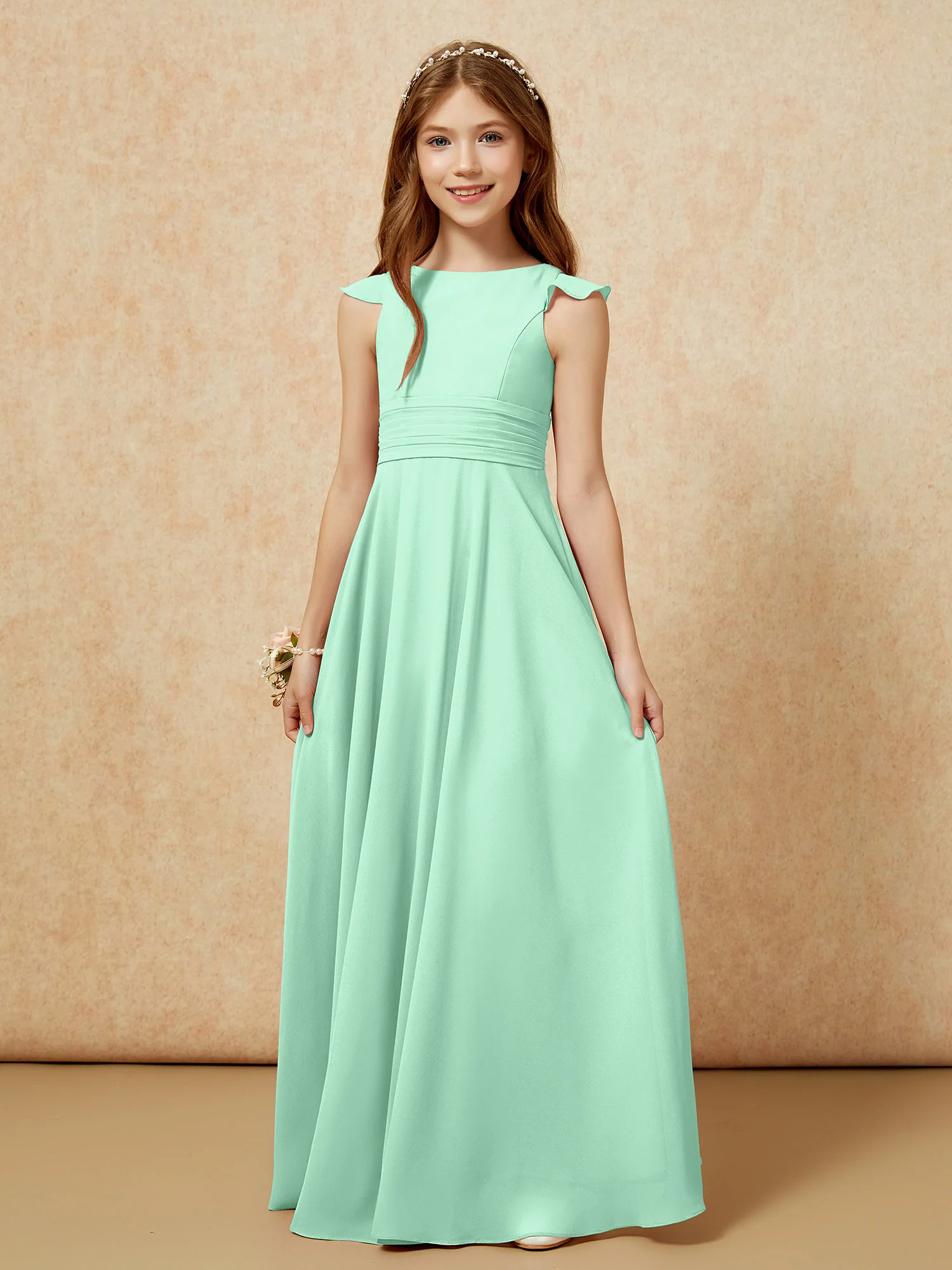 Jewel Neck Flutter Sleeves Chiffon Junior Bridesmaid Dresses Mint Green - Image 6