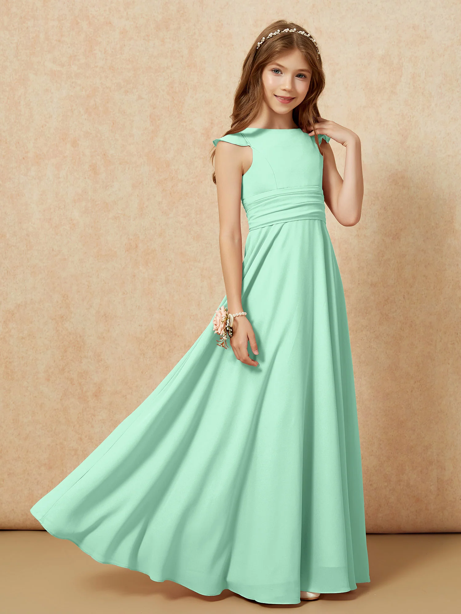 Jewel Neck Flutter Sleeves Chiffon Junior Bridesmaid Dresses Mint Green - Image 7