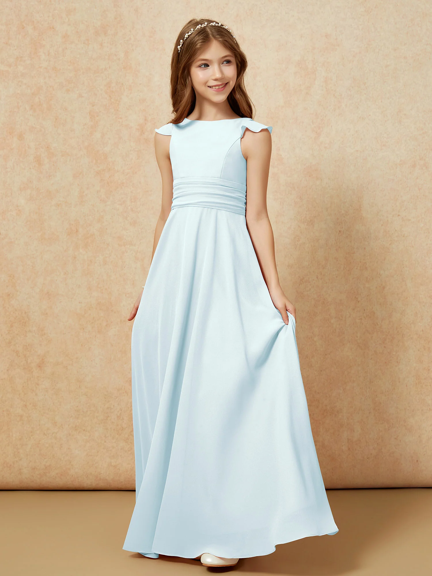 Jewel Neck Flutter Sleeves Chiffon Junior Bridesmaid Dresses Mist - Image 3