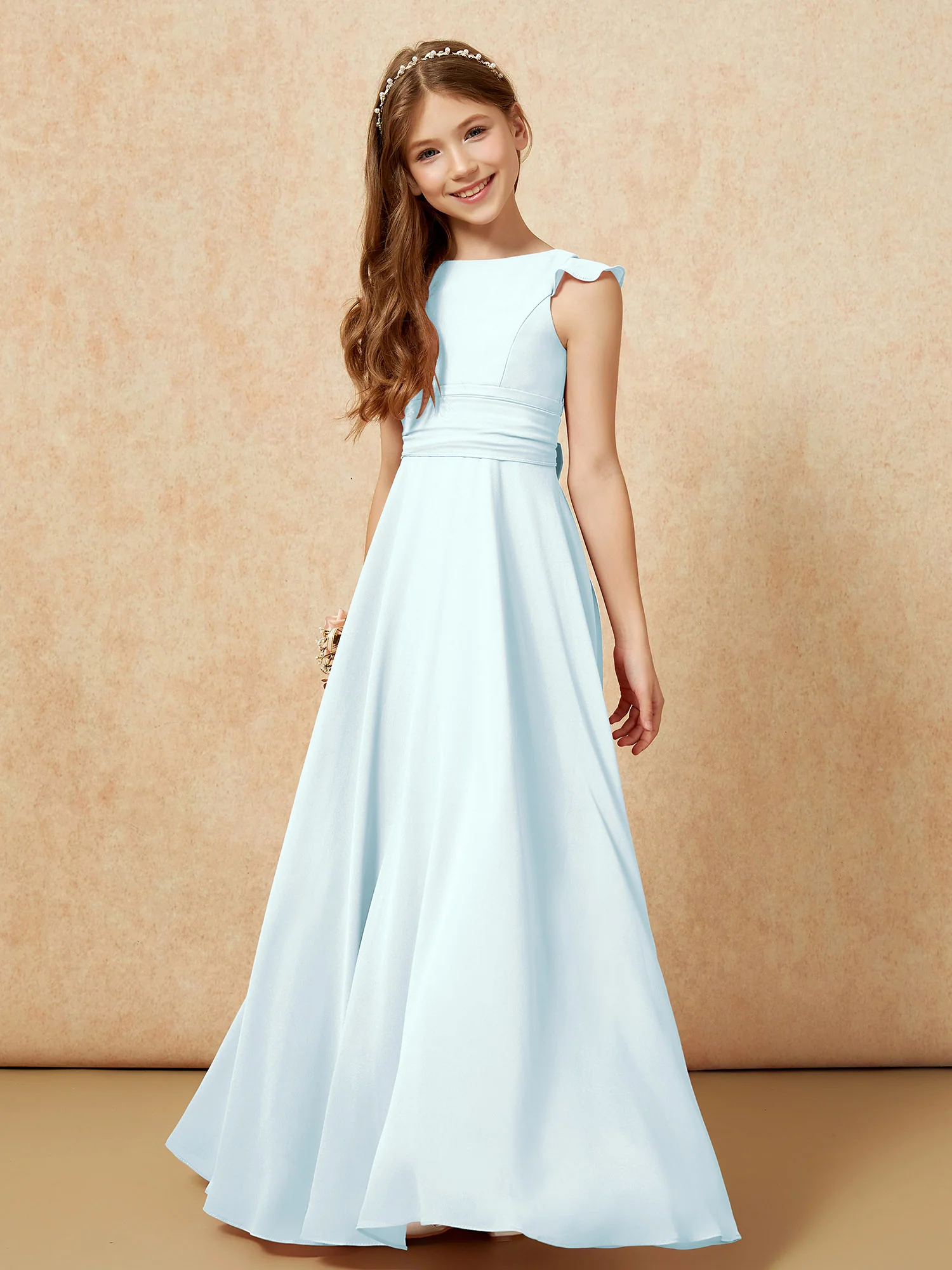 Jewel Neck Flutter Sleeves Chiffon Junior Bridesmaid Dresses Mist - Image 4