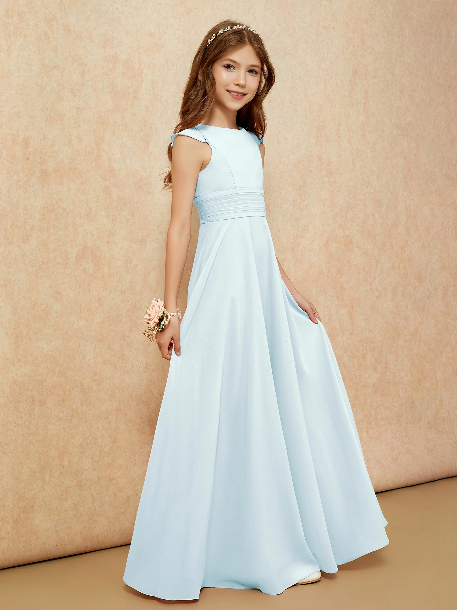 Jewel Neck Flutter Sleeves Chiffon Junior Bridesmaid Dresses Mist - Image 5