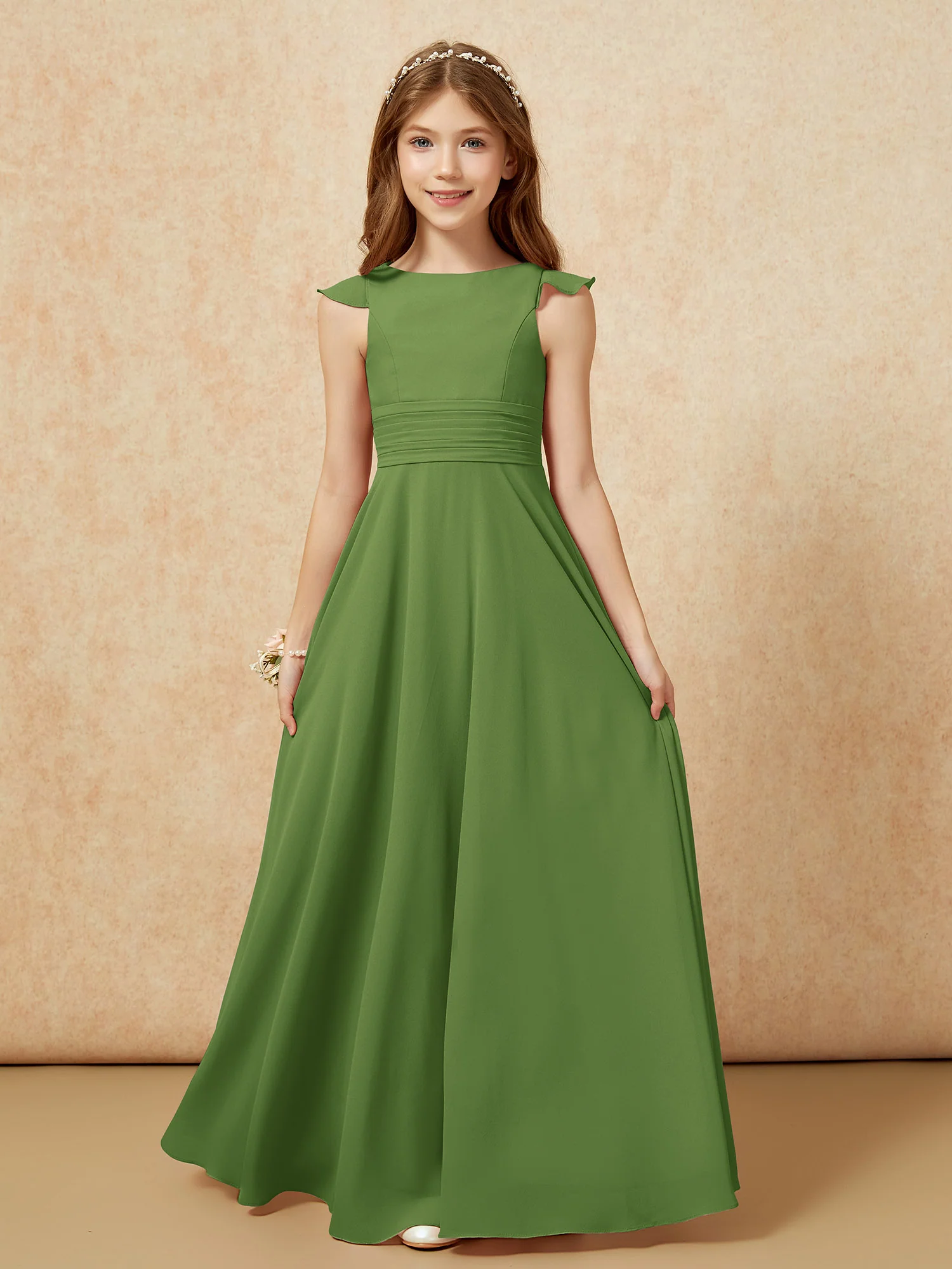 Jewel Neck Flutter Sleeves Chiffon Junior Bridesmaid Dresses Moss