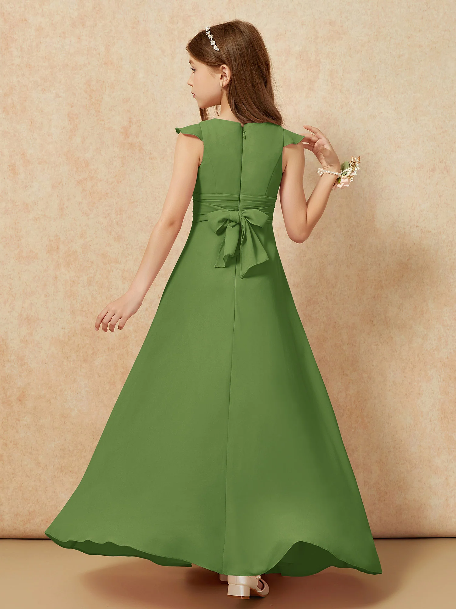 Jewel Neck Flutter Sleeves Chiffon Junior Bridesmaid Dresses Moss - Image 2