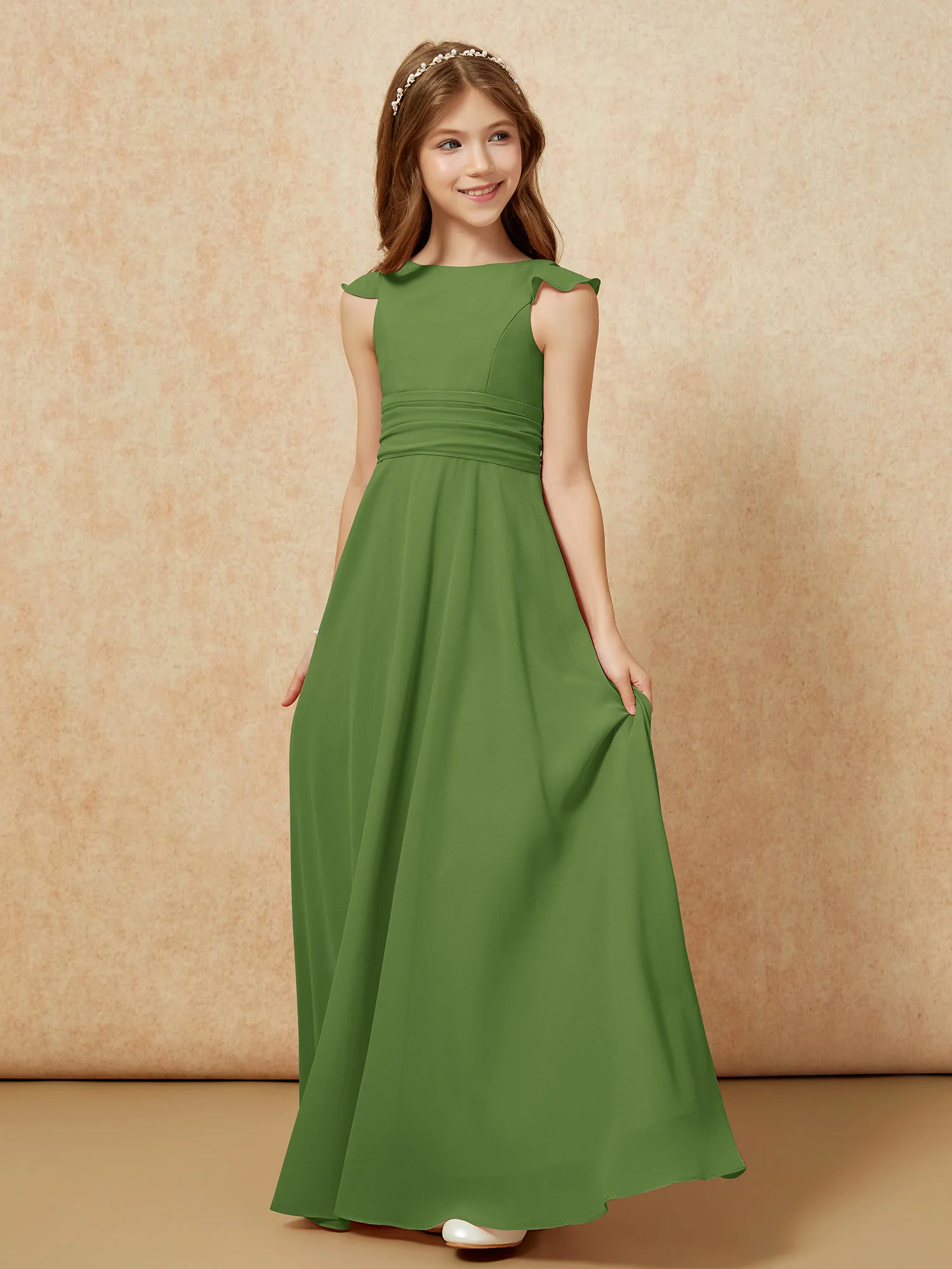 Jewel Neck Flutter Sleeves Chiffon Junior Bridesmaid Dresses Moss - Image 3