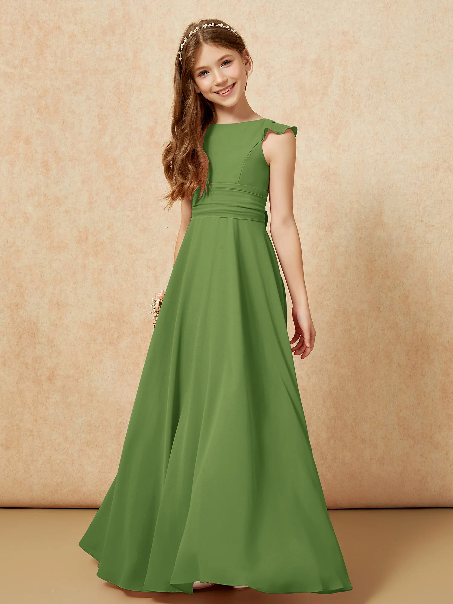 Jewel Neck Flutter Sleeves Chiffon Junior Bridesmaid Dresses Moss - Image 4