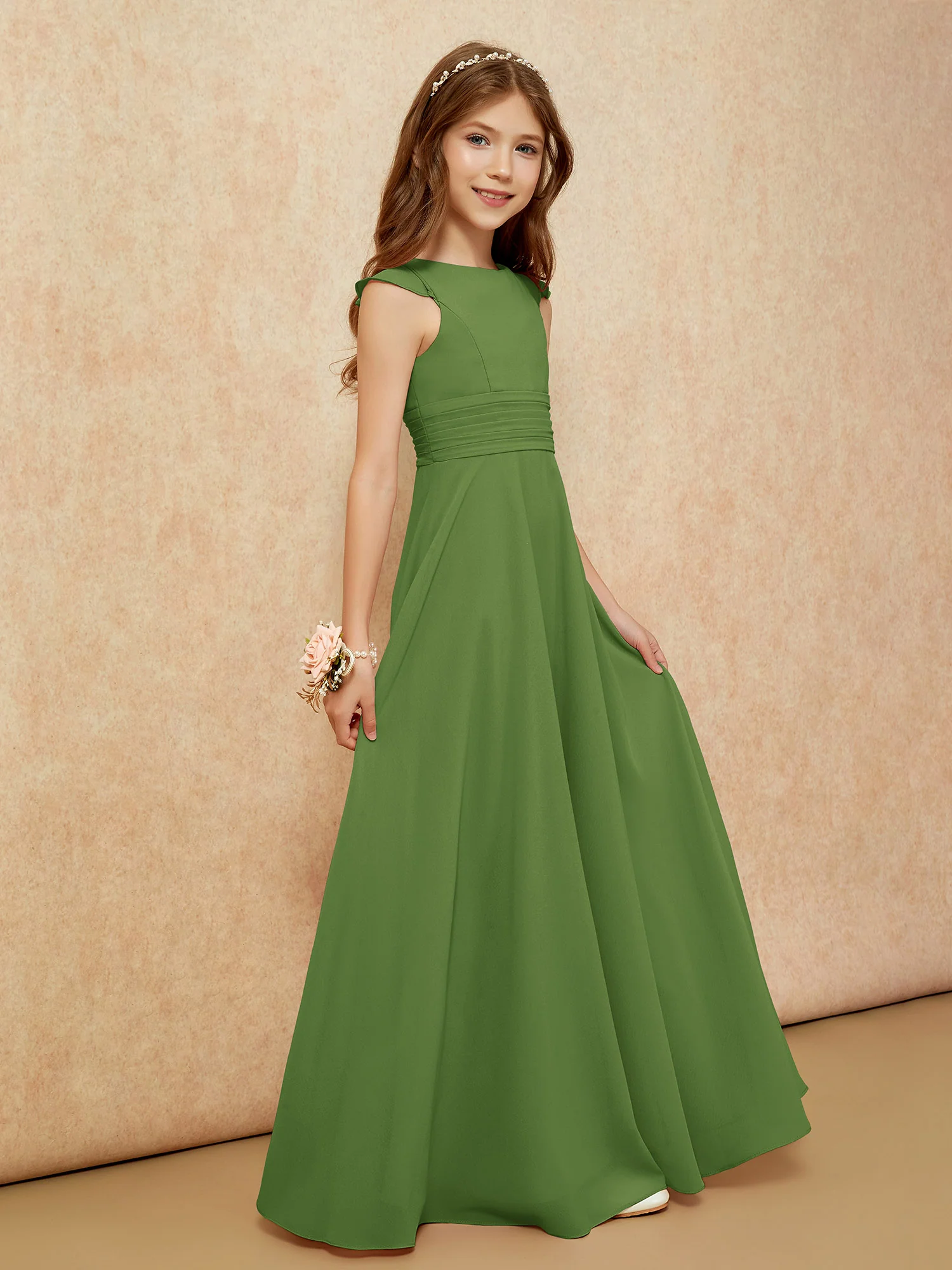 Jewel Neck Flutter Sleeves Chiffon Junior Bridesmaid Dresses Moss - Image 5