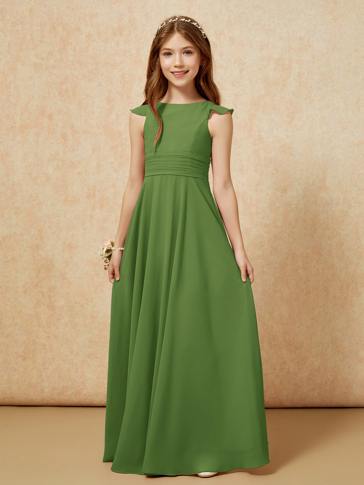 Jewel Neck Flutter Sleeves Chiffon Junior Bridesmaid Dresses Moss - Image 6