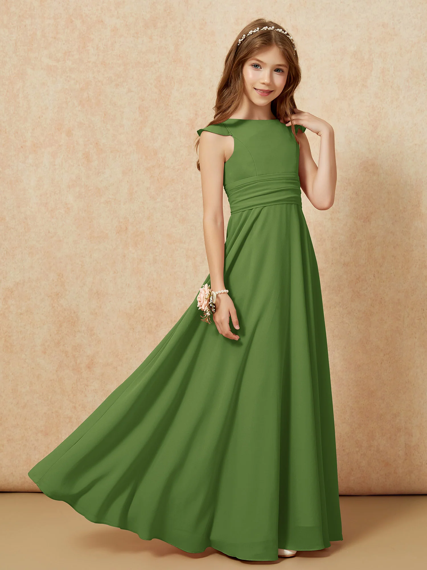 Jewel Neck Flutter Sleeves Chiffon Junior Bridesmaid Dresses Moss - Image 7