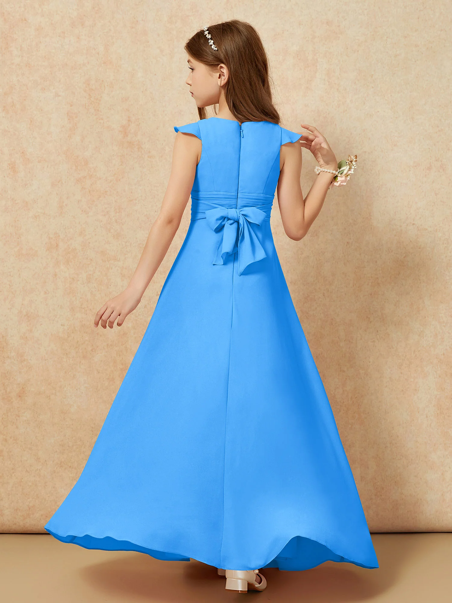 Jewel Neck Flutter Sleeves Chiffon Junior Bridesmaid Dresses Ocean Blue - Image 2