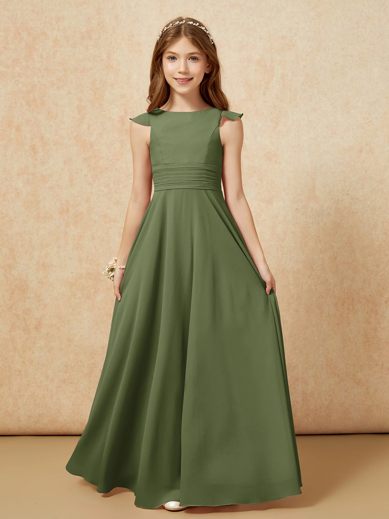 Jewel Neck Flutter Sleeves Chiffon Junior Bridesmaid Dresses Olive Green