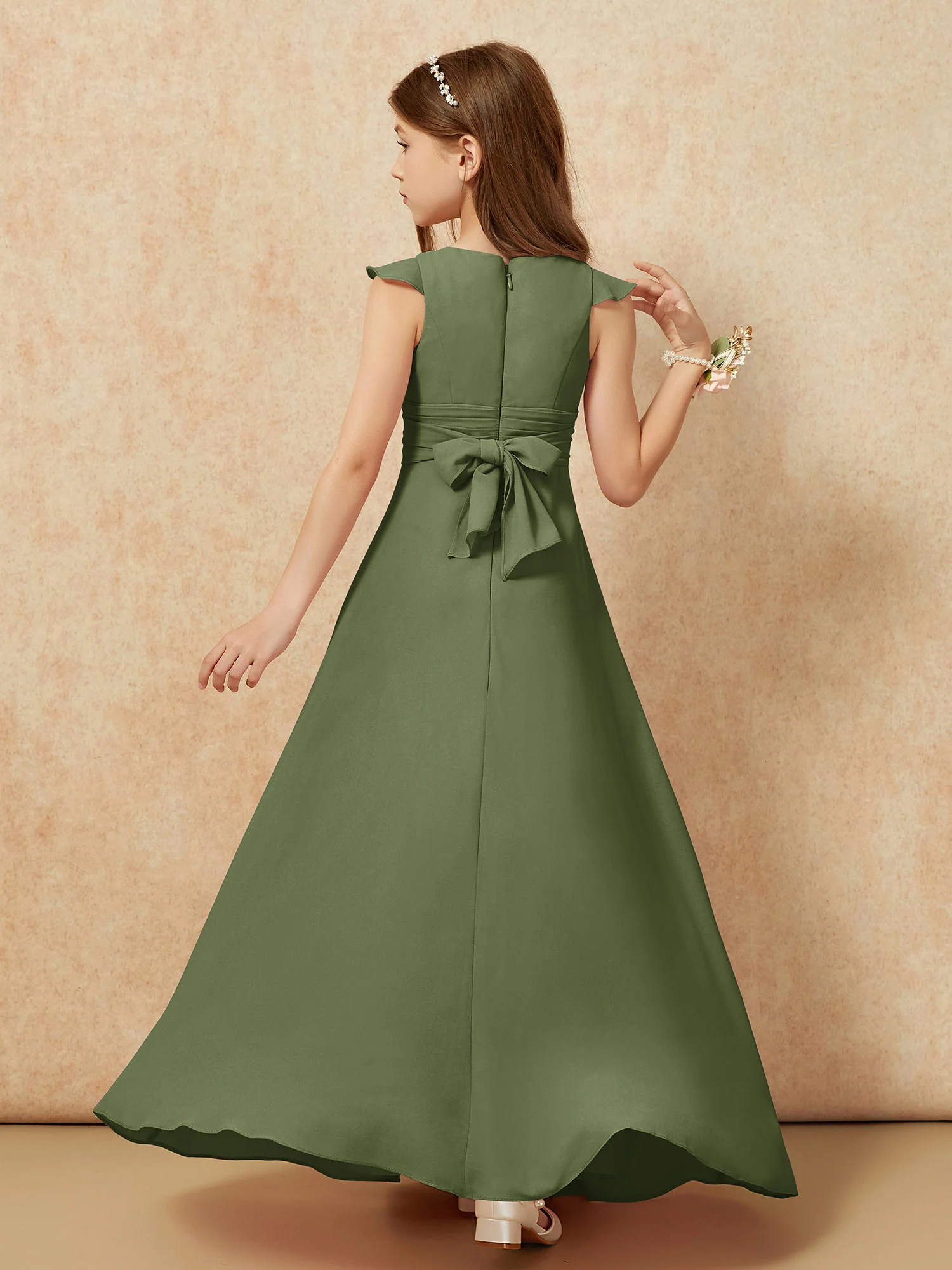 Jewel Neck Flutter Sleeves Chiffon Junior Bridesmaid Dresses Olive Green - Image 2