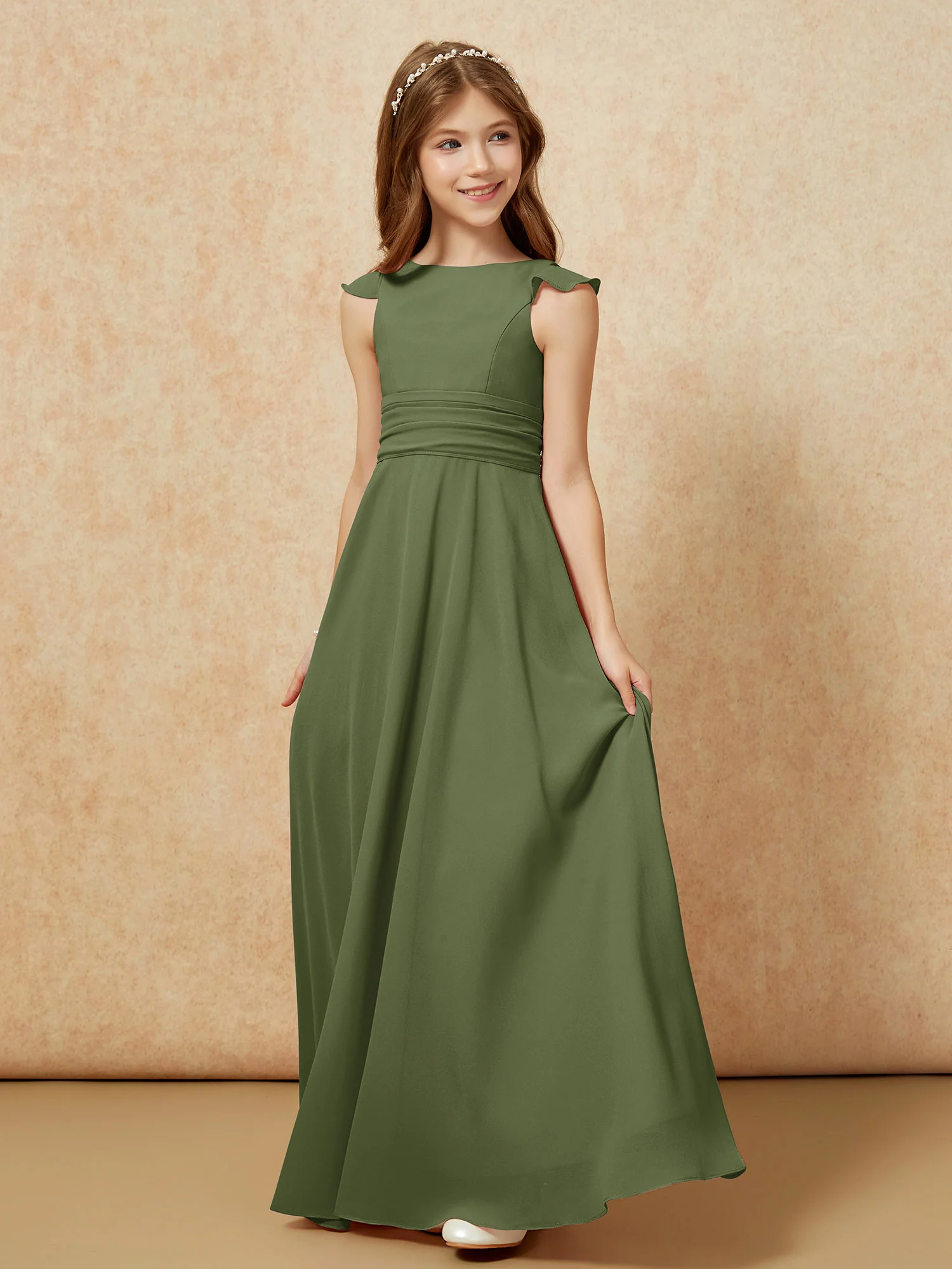 Jewel Neck Flutter Sleeves Chiffon Junior Bridesmaid Dresses Olive Green - Image 3