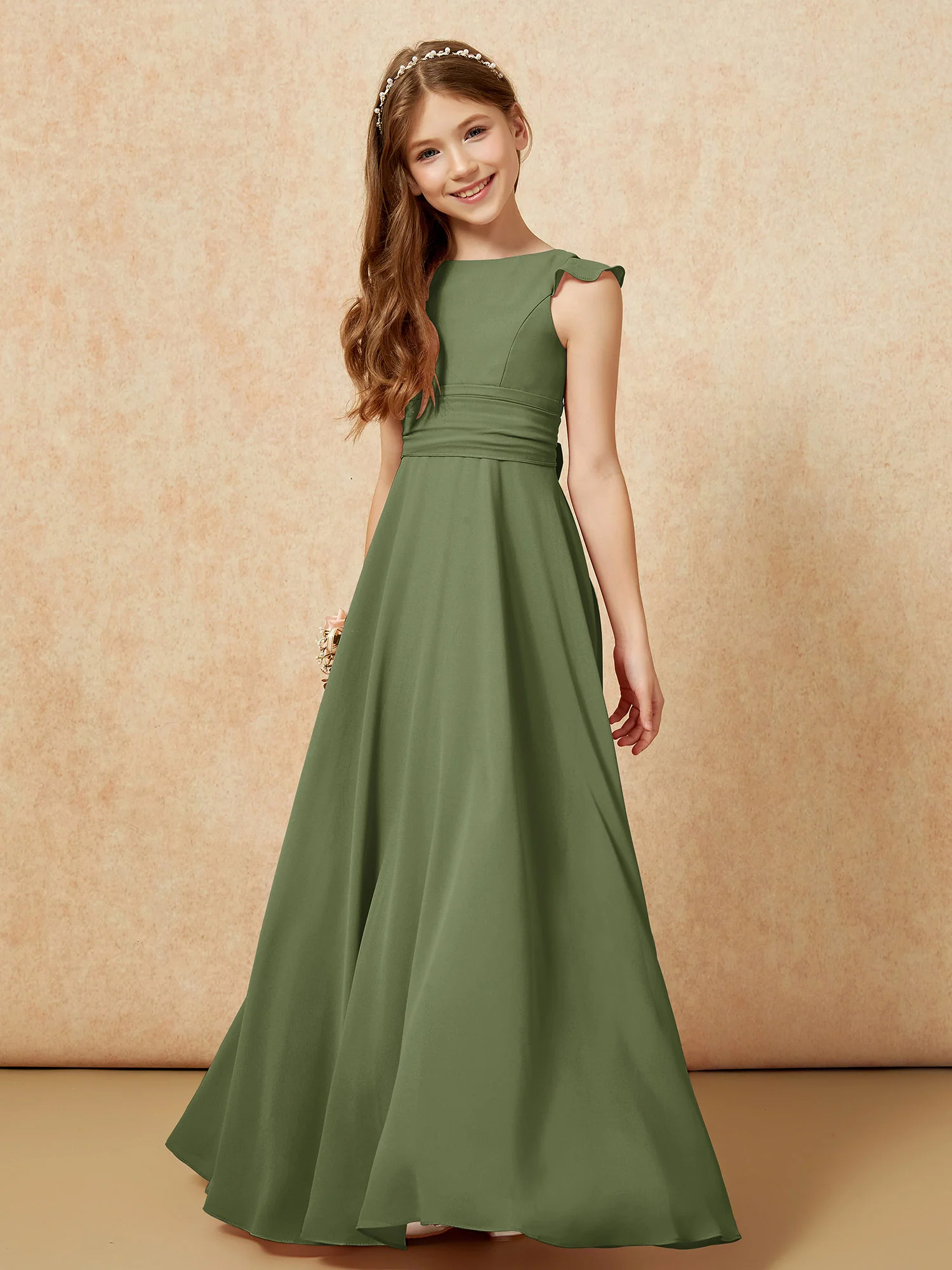 Jewel Neck Flutter Sleeves Chiffon Junior Bridesmaid Dresses Olive Green - Image 4