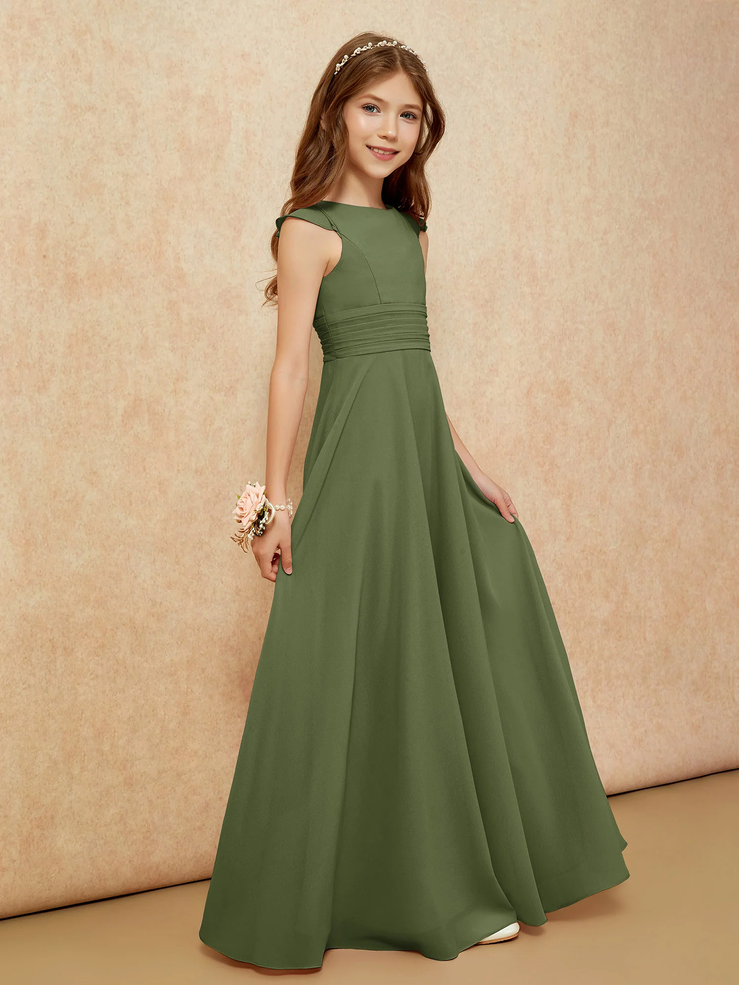 Jewel Neck Flutter Sleeves Chiffon Junior Bridesmaid Dresses Olive Green - Image 5