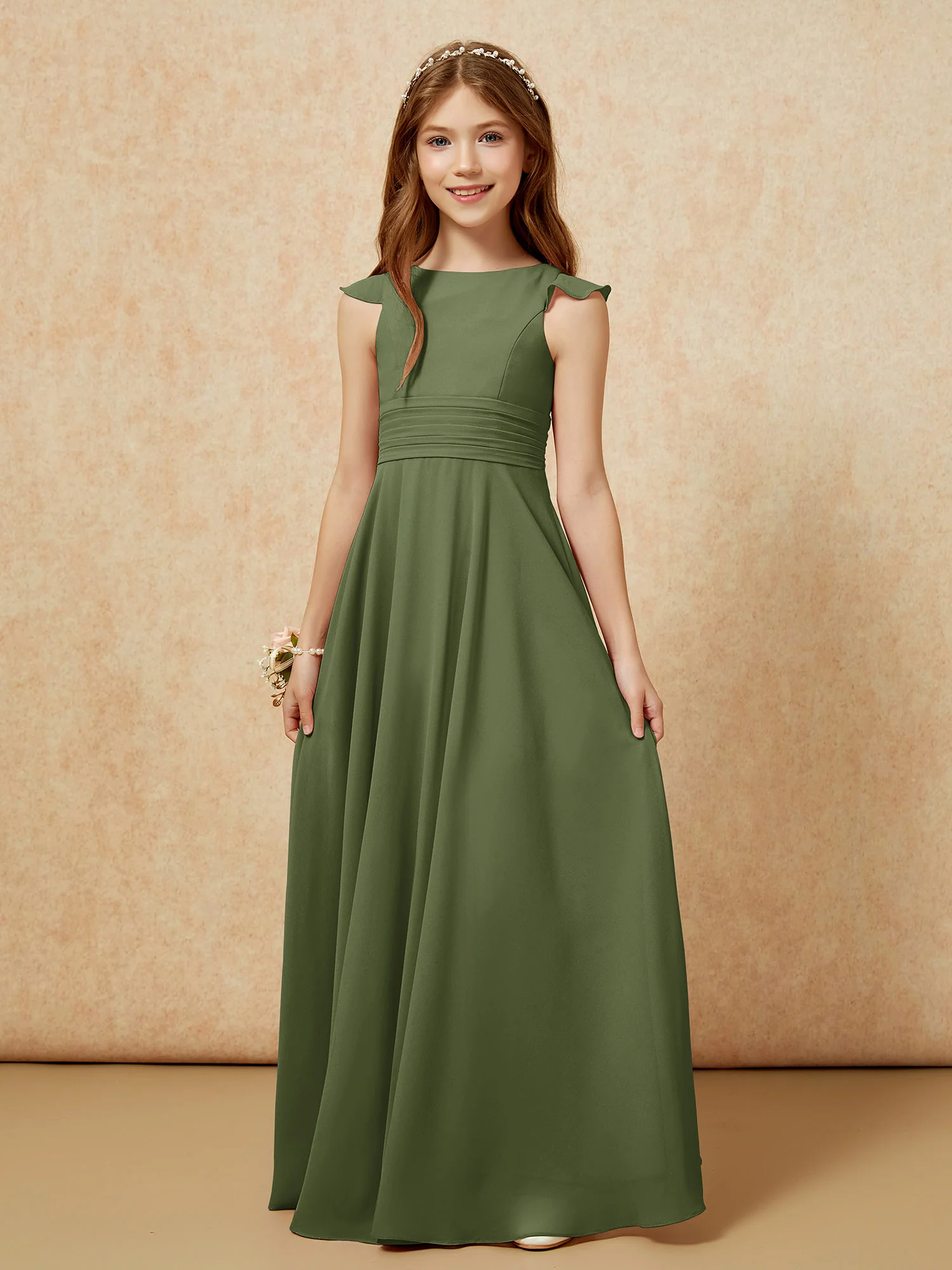 Jewel Neck Flutter Sleeves Chiffon Junior Bridesmaid Dresses Olive Green - Image 6