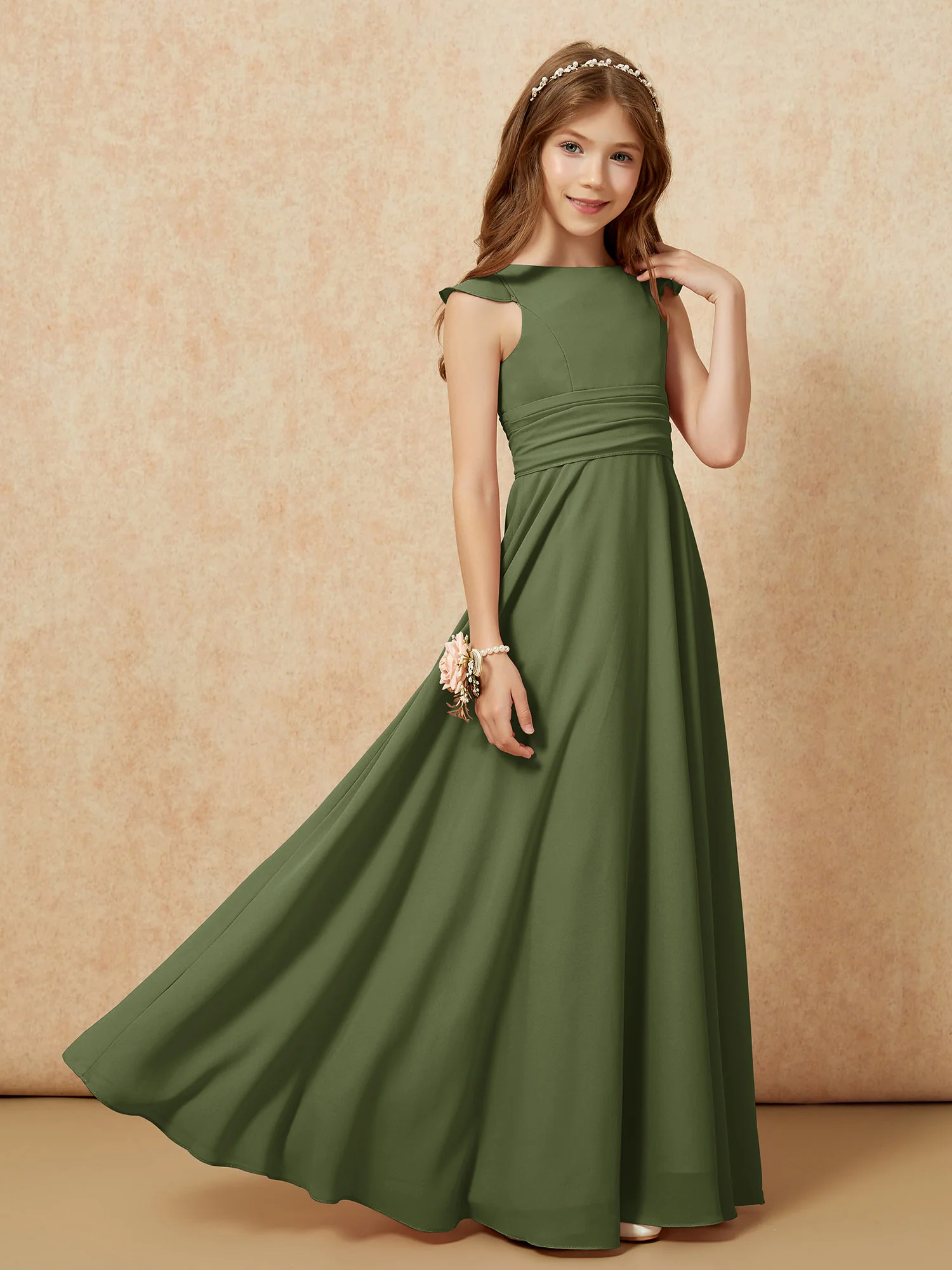 Jewel Neck Flutter Sleeves Chiffon Junior Bridesmaid Dresses Olive Green - Image 7