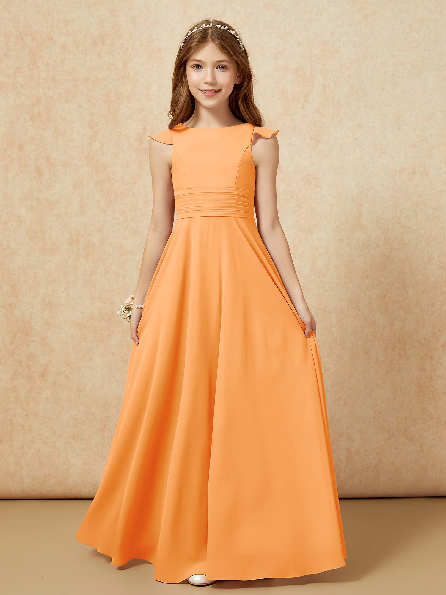 Jewel Neck Flutter Sleeves Chiffon Junior Bridesmaid Dresses Orange