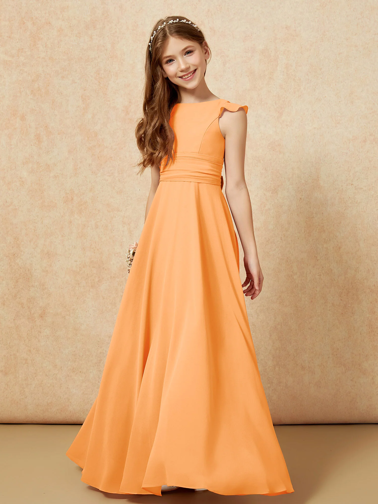 Jewel Neck Flutter Sleeves Chiffon Junior Bridesmaid Dresses Orange - Image 4