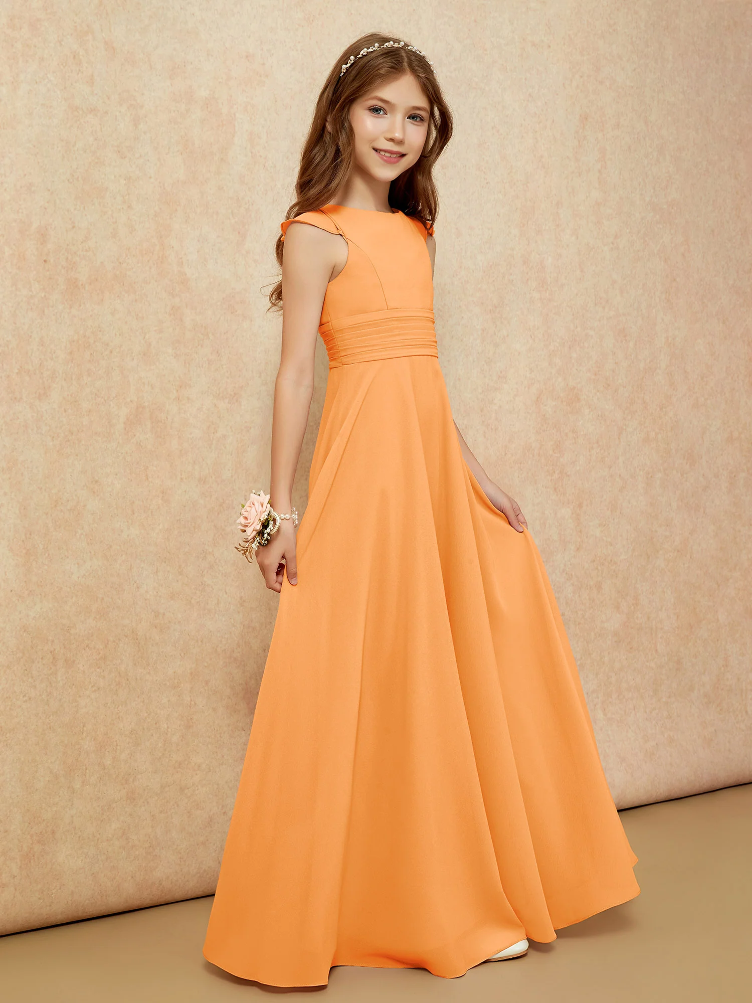 Jewel Neck Flutter Sleeves Chiffon Junior Bridesmaid Dresses Orange - Image 5
