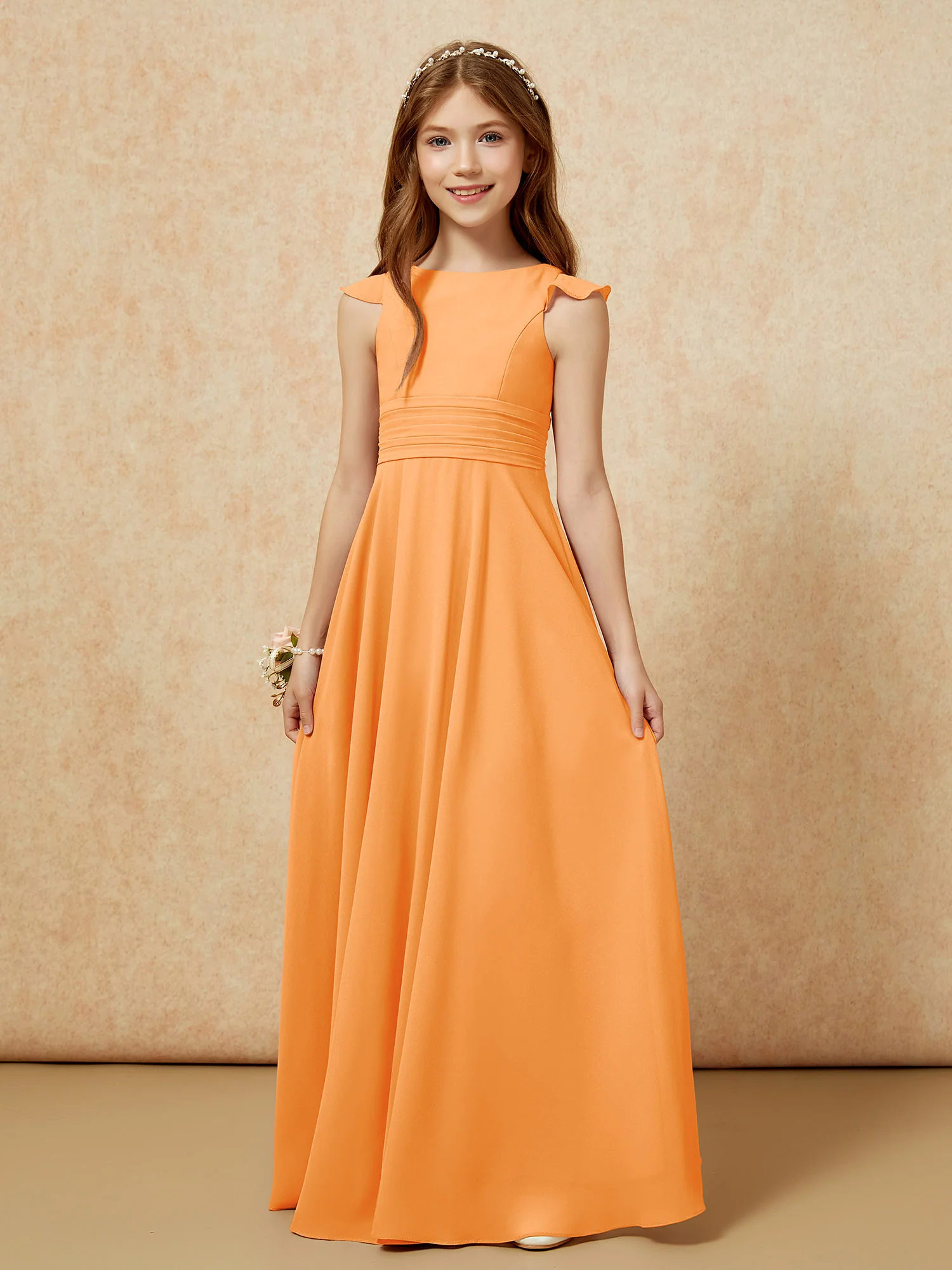 Jewel Neck Flutter Sleeves Chiffon Junior Bridesmaid Dresses Orange - Image 6