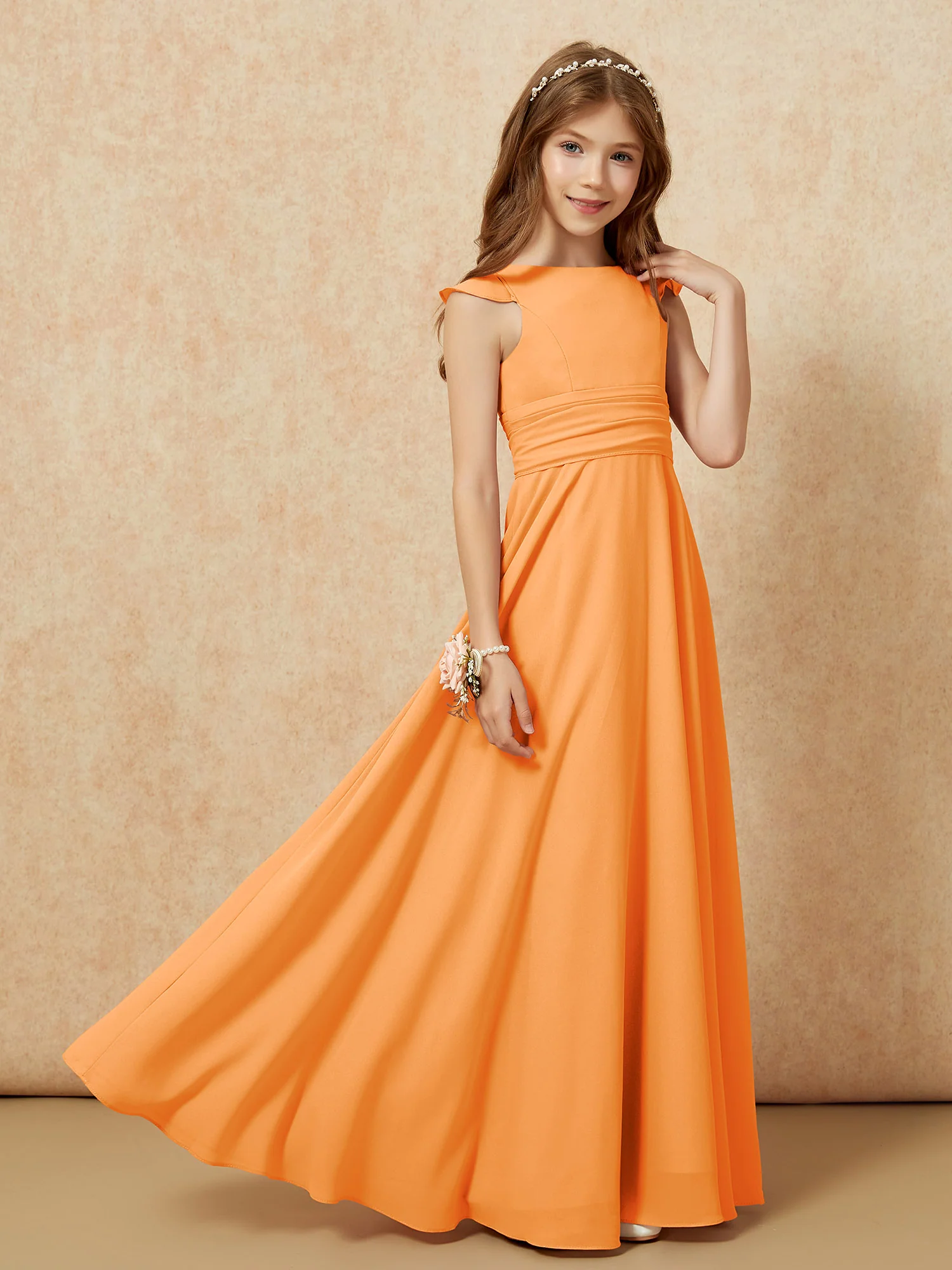 Jewel Neck Flutter Sleeves Chiffon Junior Bridesmaid Dresses Orange - Image 7