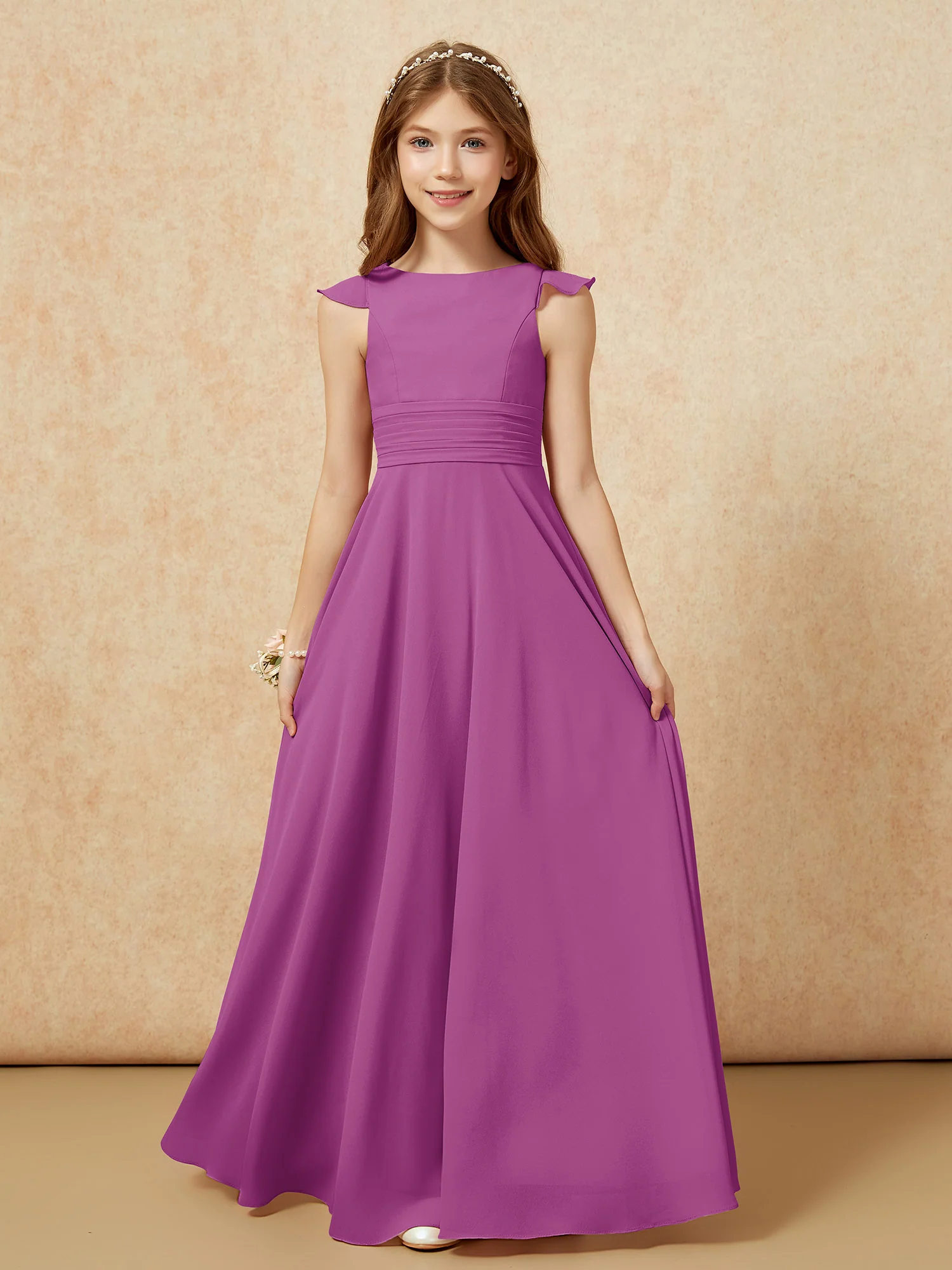 Jewel Neck Flutter Sleeves Chiffon Junior Bridesmaid Dresses Orchid