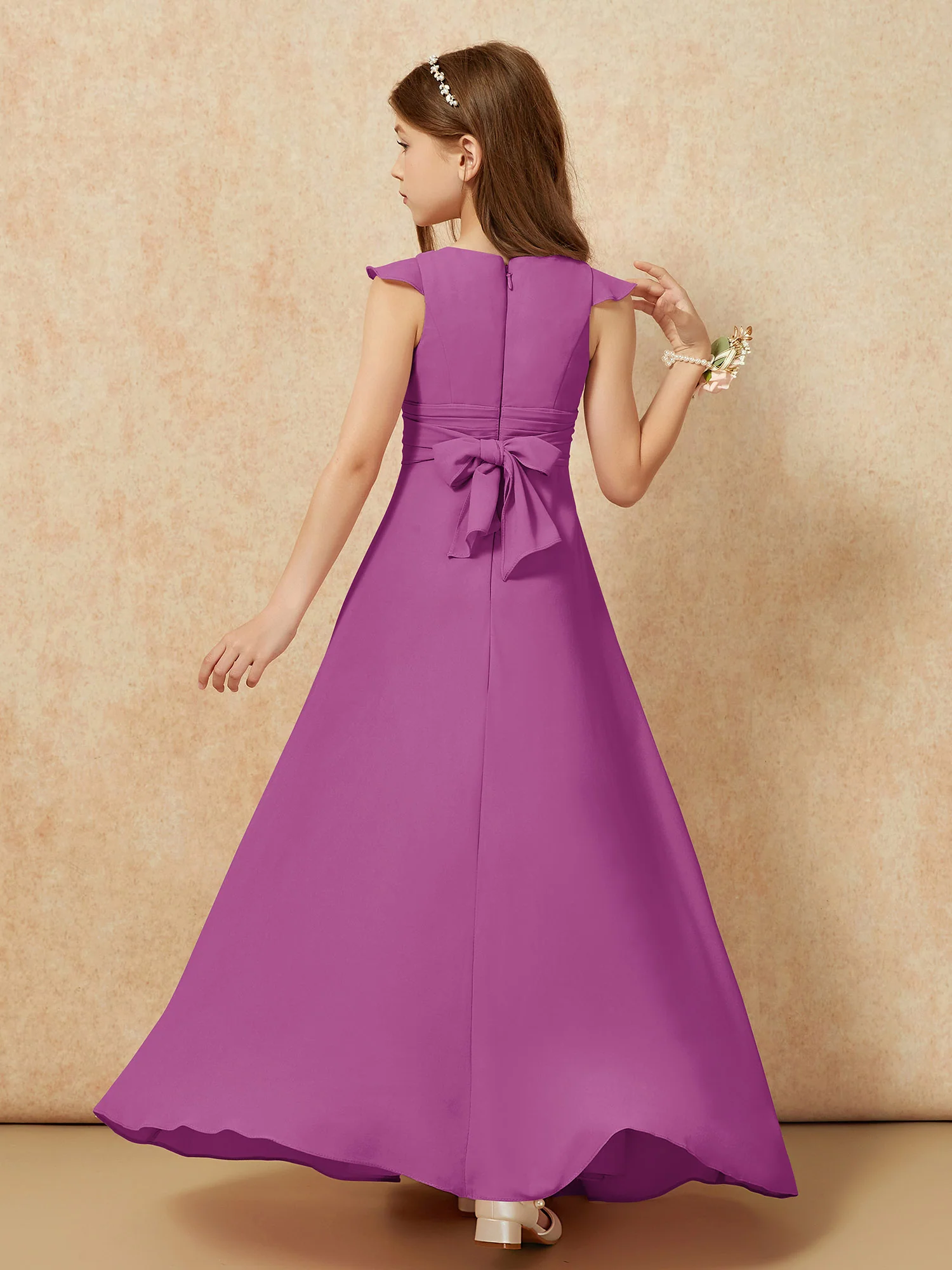Jewel Neck Flutter Sleeves Chiffon Junior Bridesmaid Dresses Orchid - Image 2