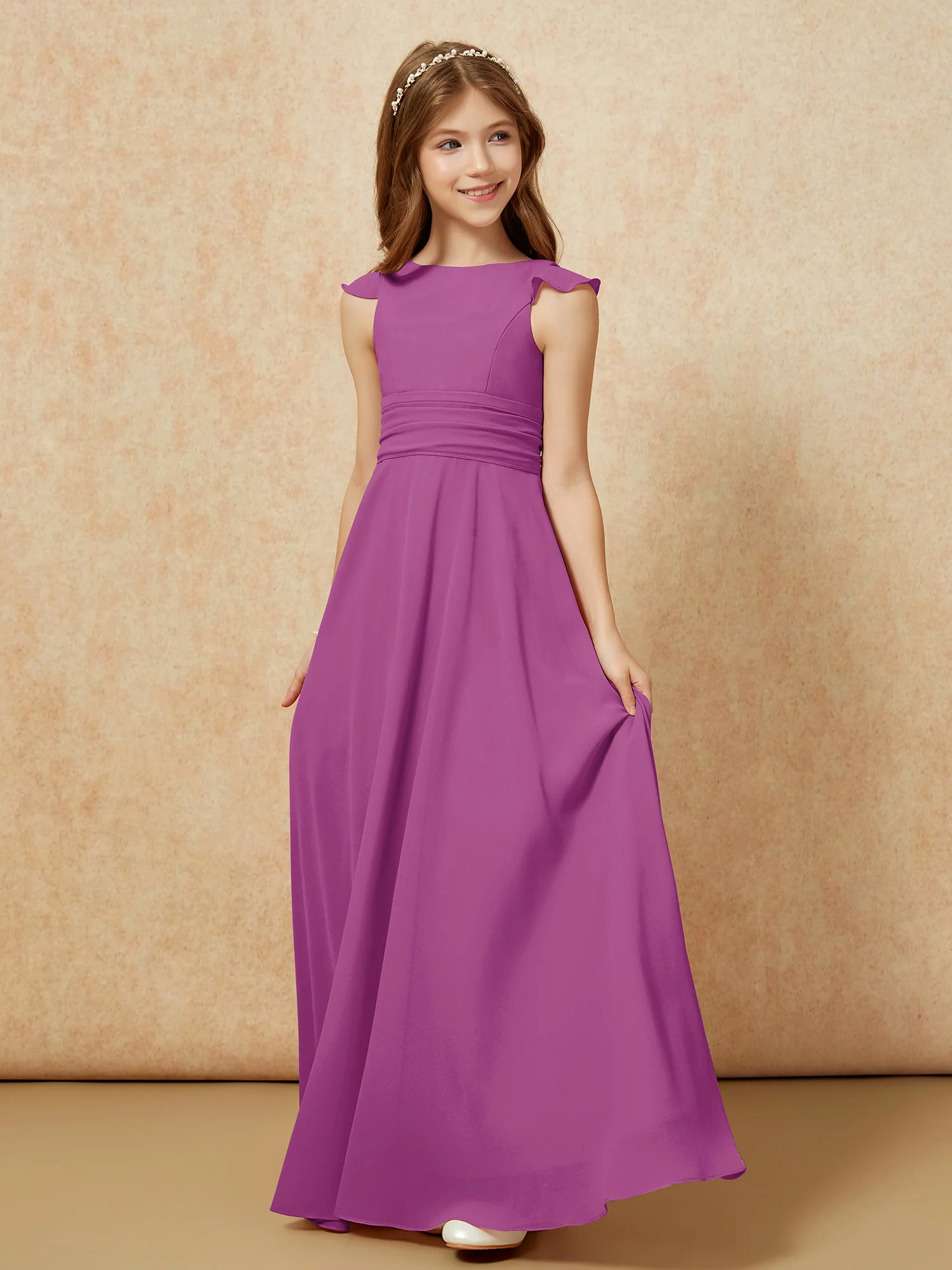 Jewel Neck Flutter Sleeves Chiffon Junior Bridesmaid Dresses Orchid - Image 3