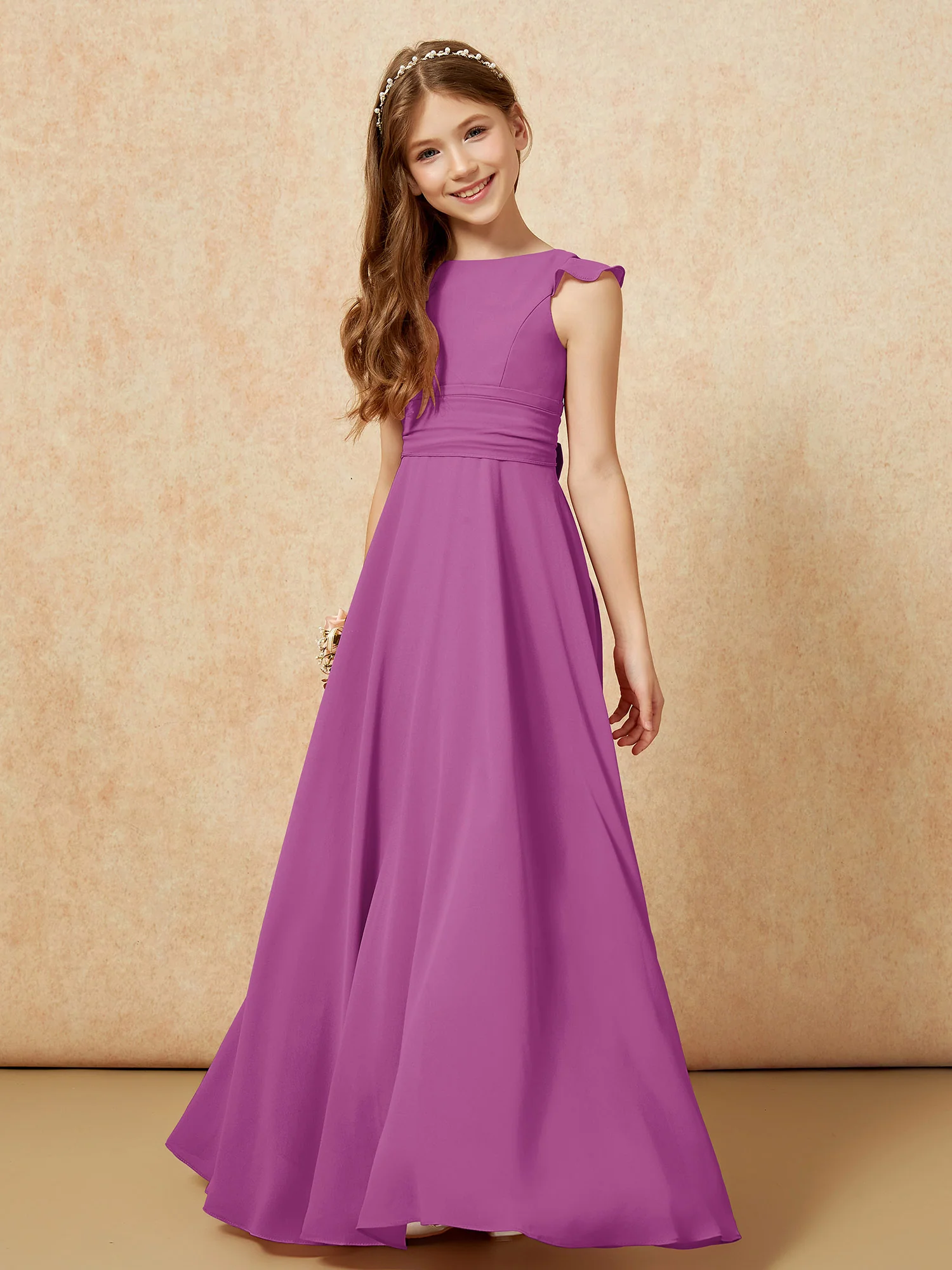 Jewel Neck Flutter Sleeves Chiffon Junior Bridesmaid Dresses Orchid - Image 4
