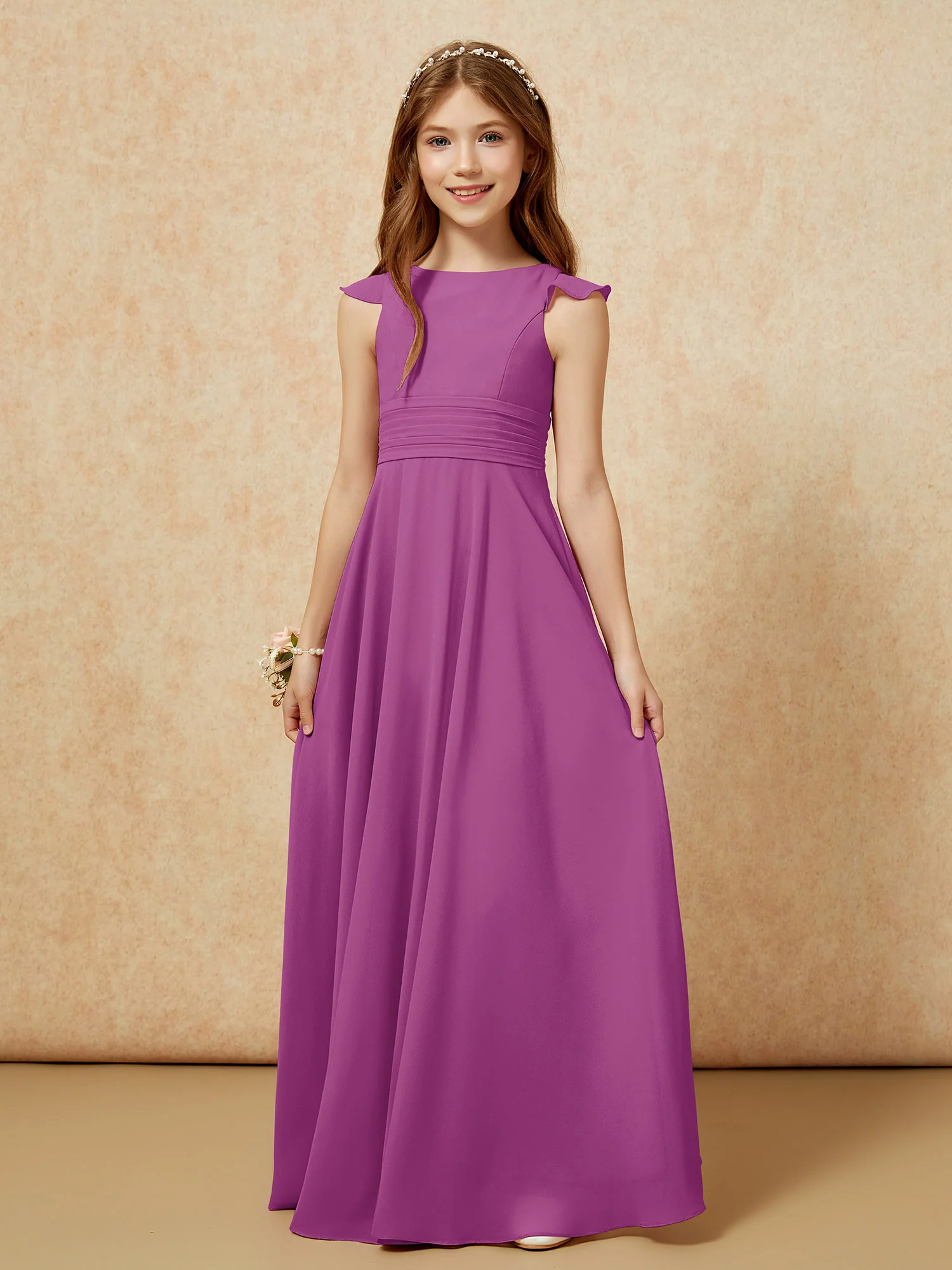 Jewel Neck Flutter Sleeves Chiffon Junior Bridesmaid Dresses Orchid - Image 6