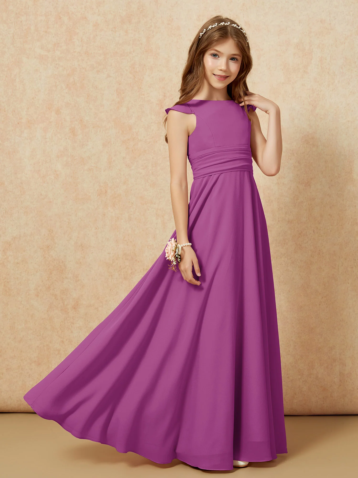 Jewel Neck Flutter Sleeves Chiffon Junior Bridesmaid Dresses Orchid - Image 7