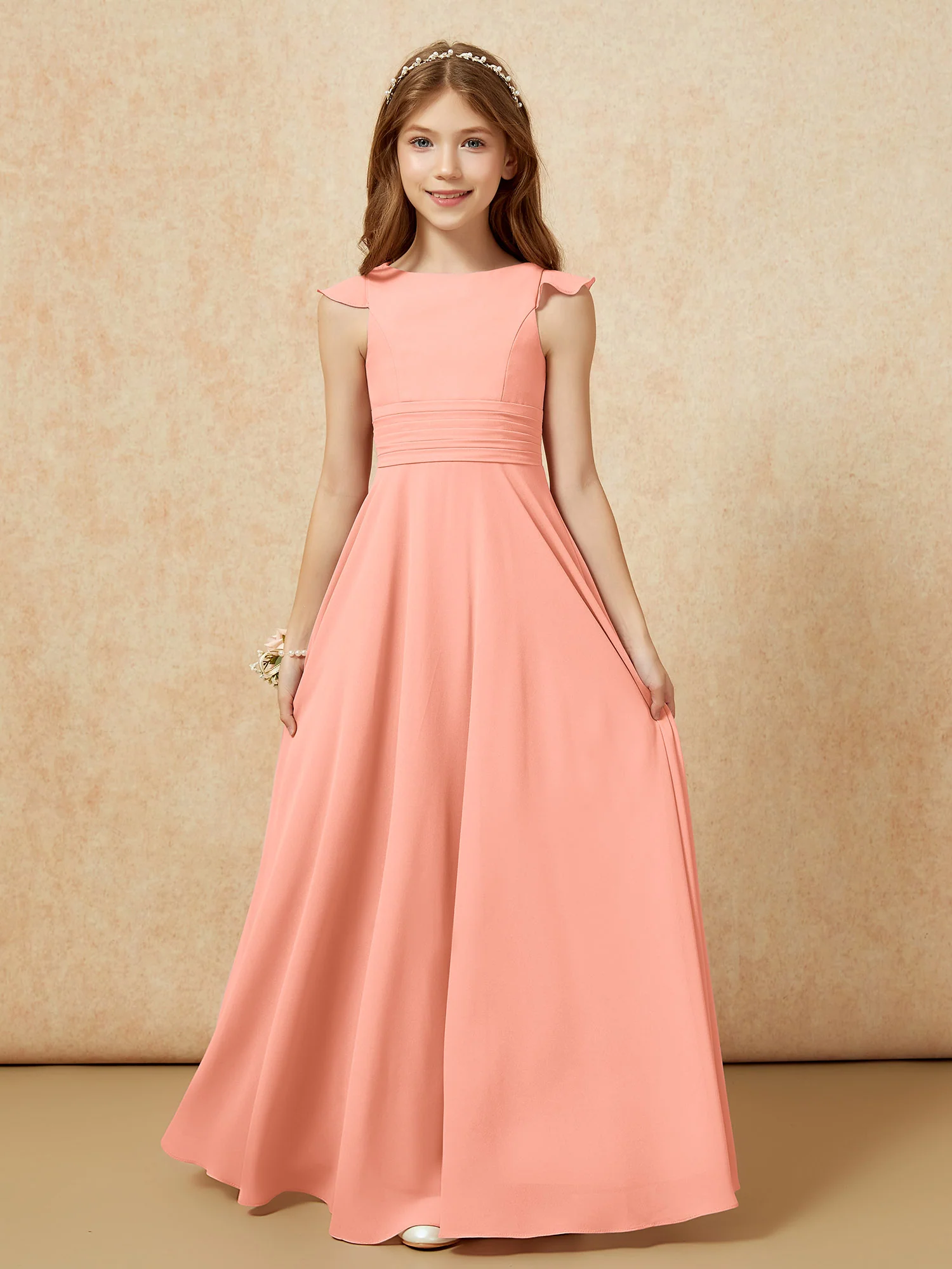 Jewel Neck Flutter Sleeves Chiffon Junior Bridesmaid Dresses Papaya