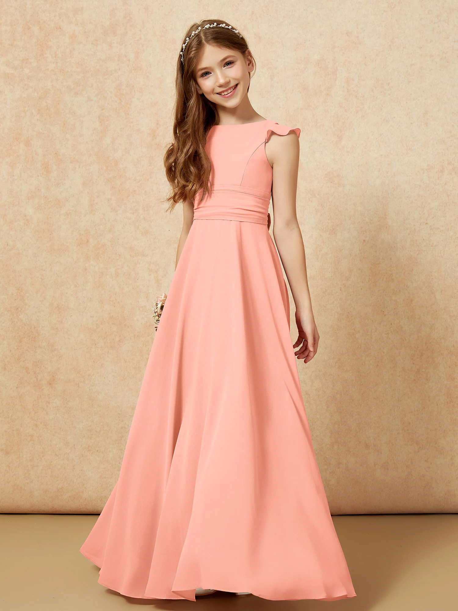 Jewel Neck Flutter Sleeves Chiffon Junior Bridesmaid Dresses Papaya - Image 4
