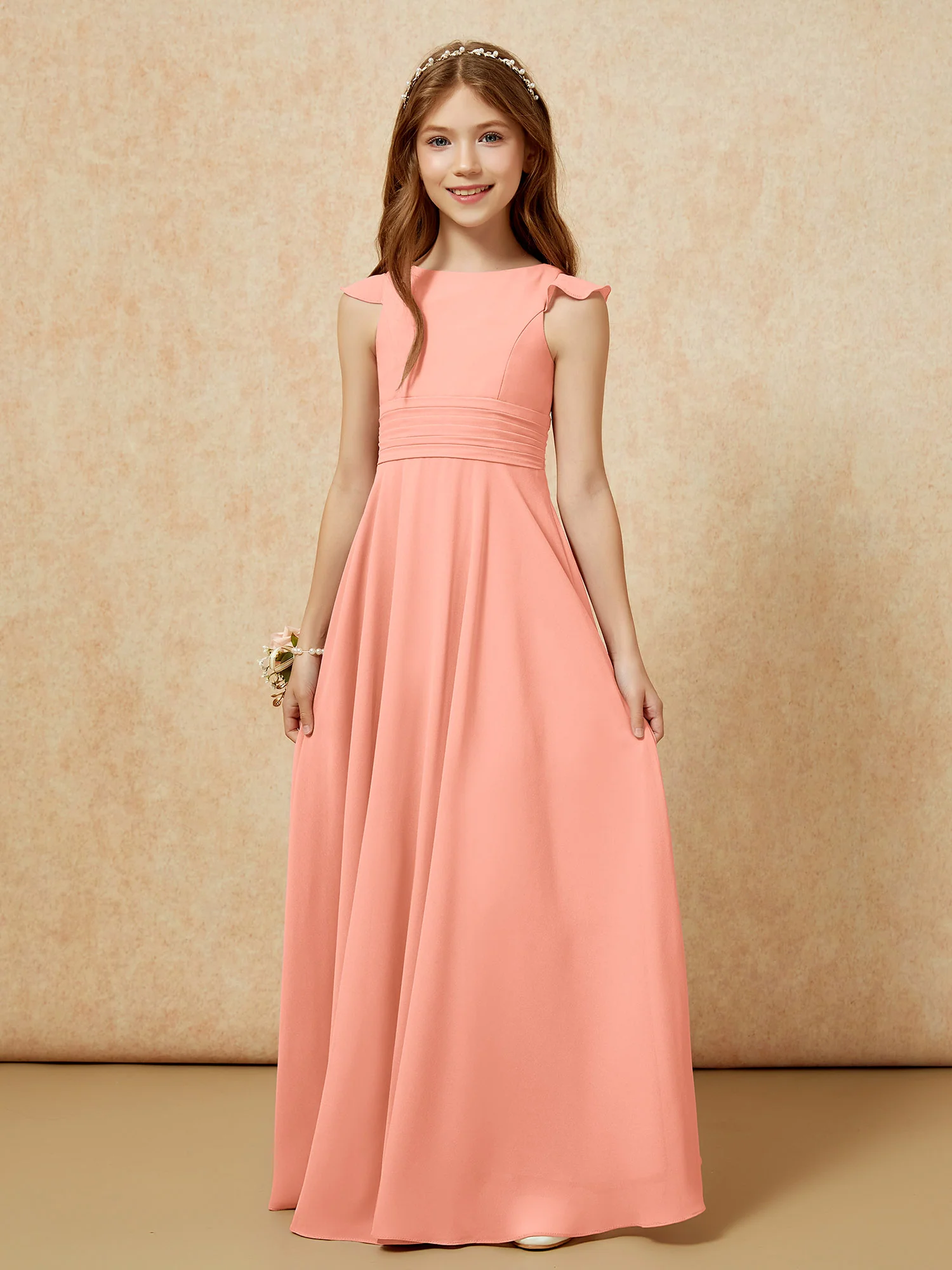 Jewel Neck Flutter Sleeves Chiffon Junior Bridesmaid Dresses Papaya - Image 6