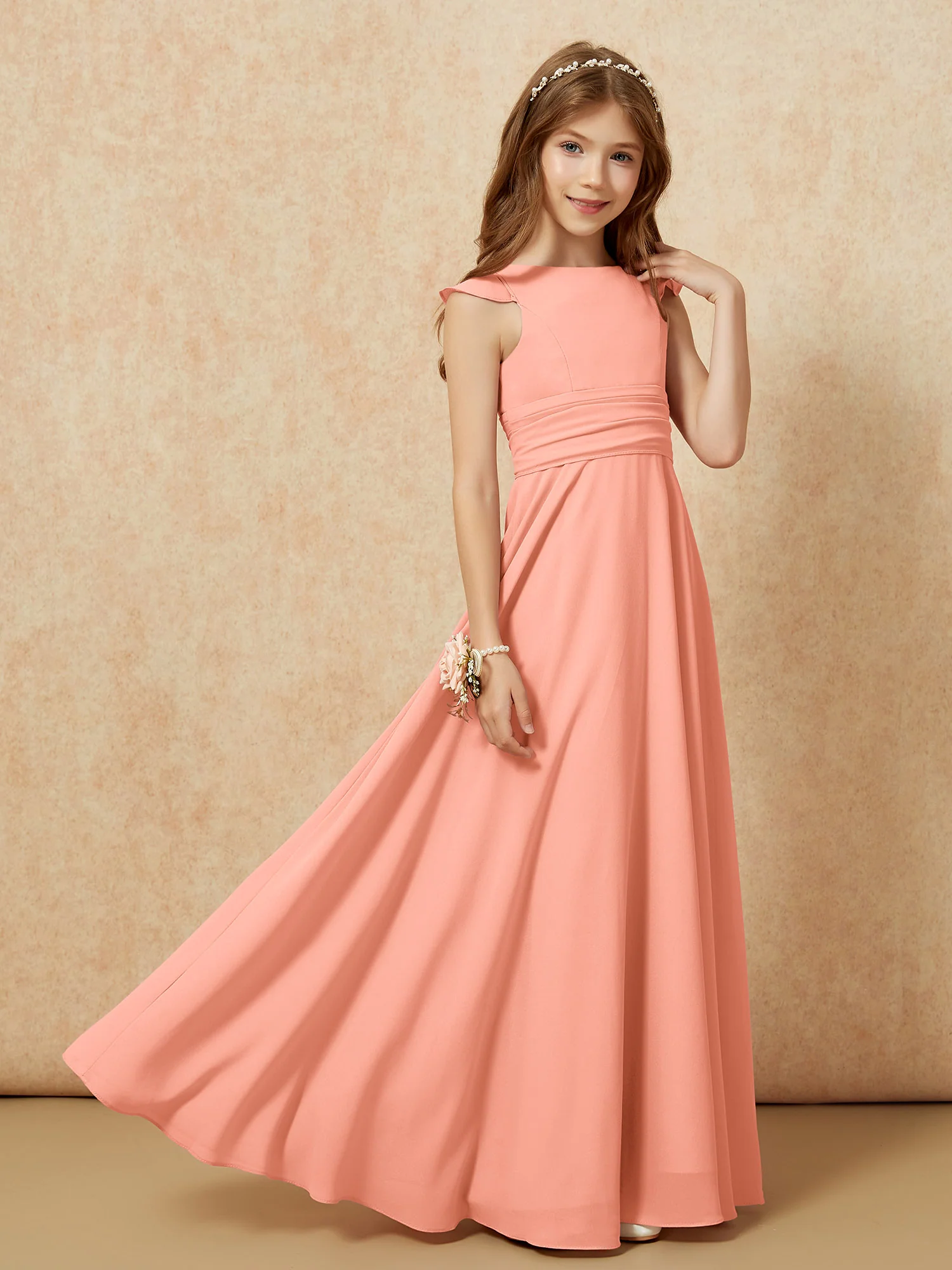 Jewel Neck Flutter Sleeves Chiffon Junior Bridesmaid Dresses Papaya - Image 7