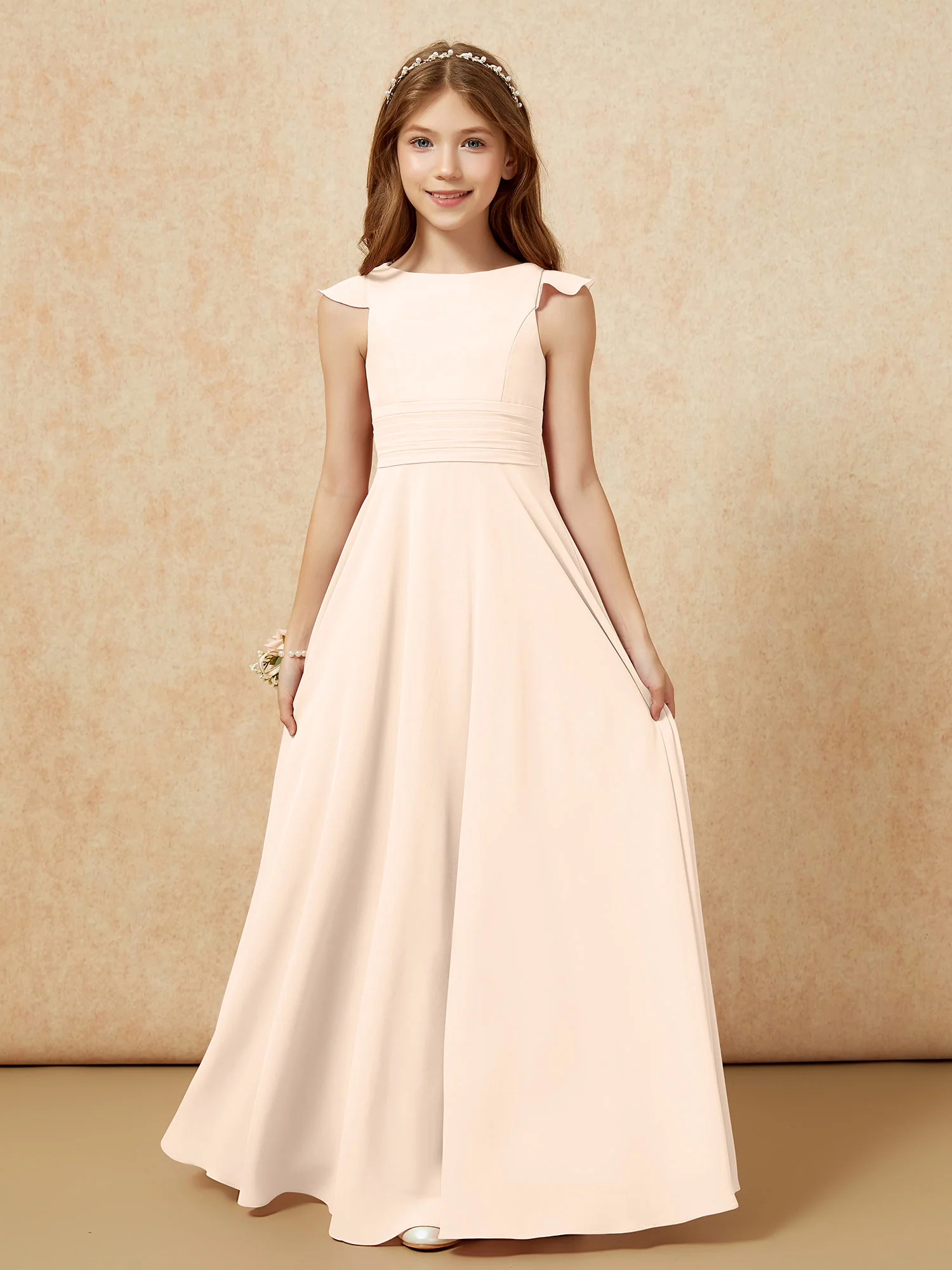 Jewel Neck Flutter Sleeves Chiffon Junior Bridesmaid Dresses Peach