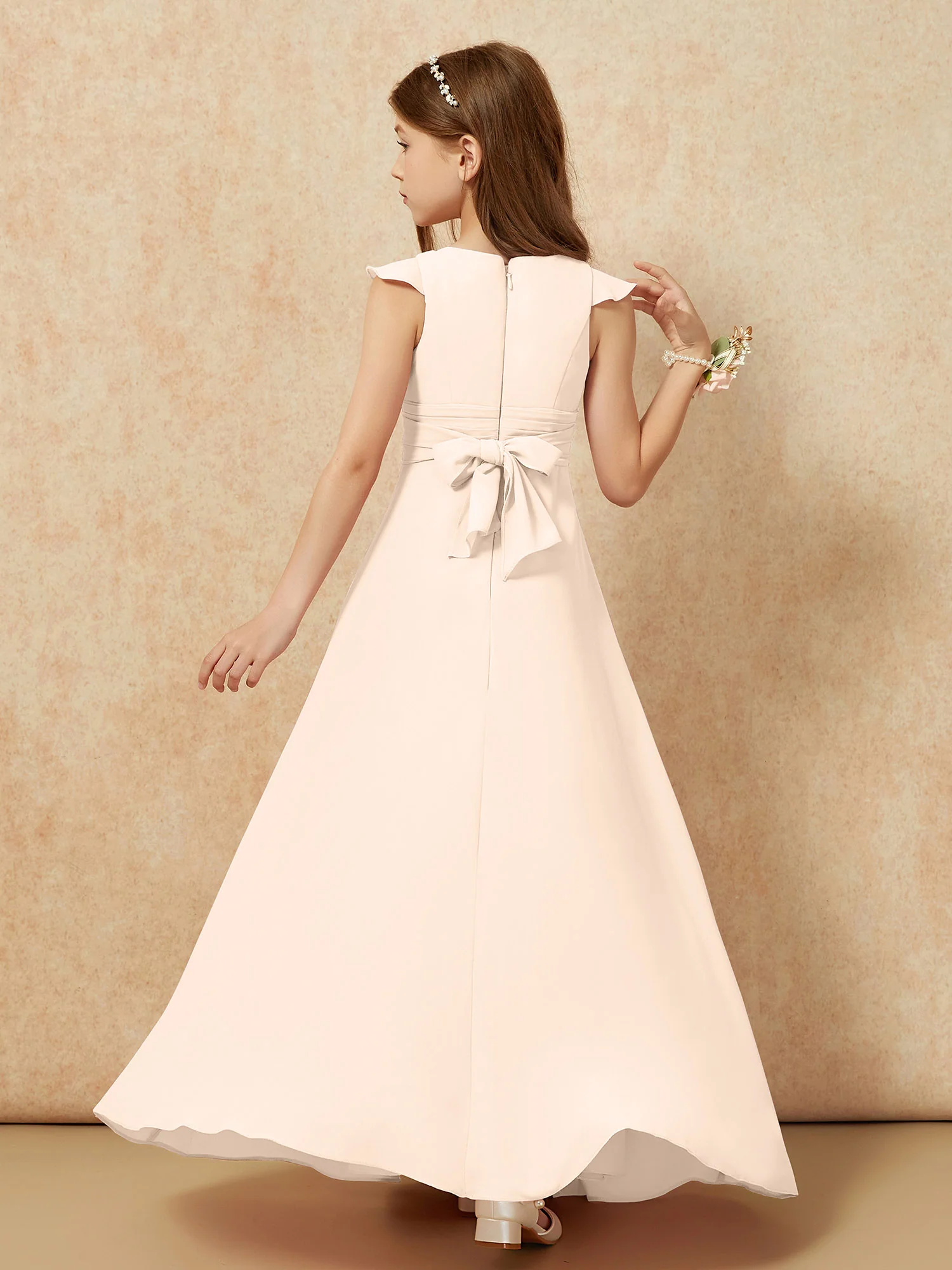 Jewel Neck Flutter Sleeves Chiffon Junior Bridesmaid Dresses Peach - Image 2