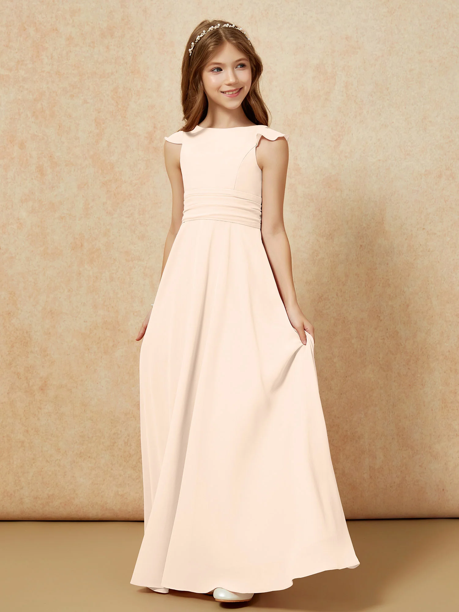 Jewel Neck Flutter Sleeves Chiffon Junior Bridesmaid Dresses Peach - Image 3